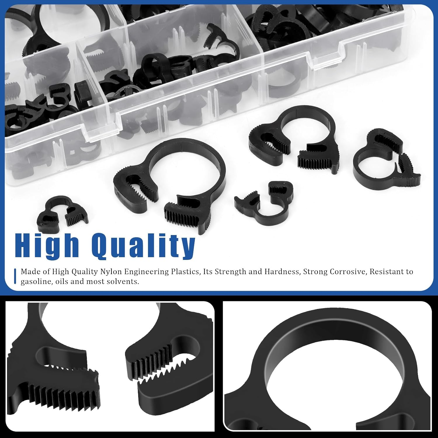 Glarks 57Pcs 6.1-26.1Mm Heavy Duty Black Double Gripping Nylon Hose Clamp Set, 5 Sizes Adjustable Speedy Double Snap Grip Hose Clamp with Locking Pliers, Plastic Snap Ratcheting Clamp Kit for Plumbing image number 2