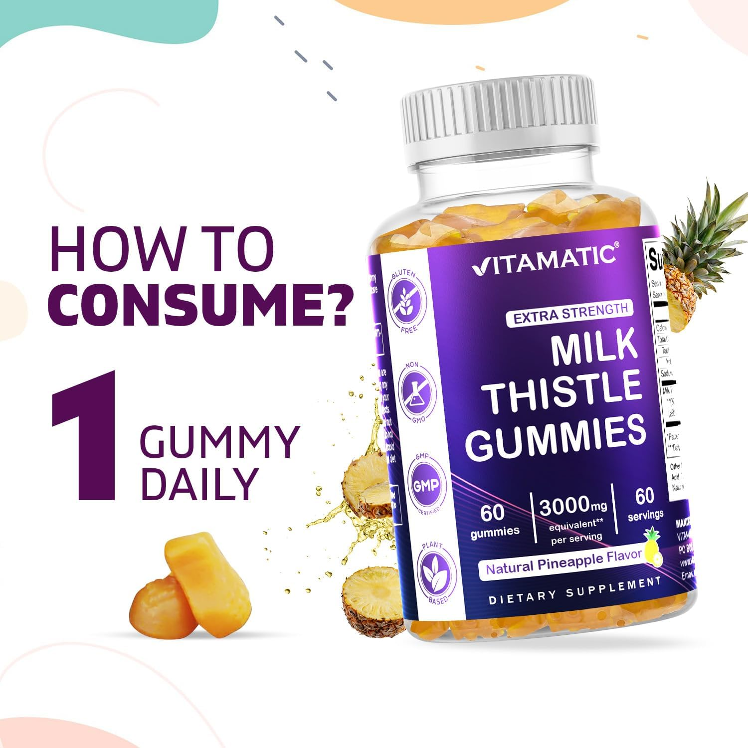 Vitamatic Milk Thistle Gummies - 3000 Mg Equivalent - Liver Detox & anti Oxidant Health - Min. 80% Silymarin Flavonoids - 60 Pectin Based Gummies image number 2