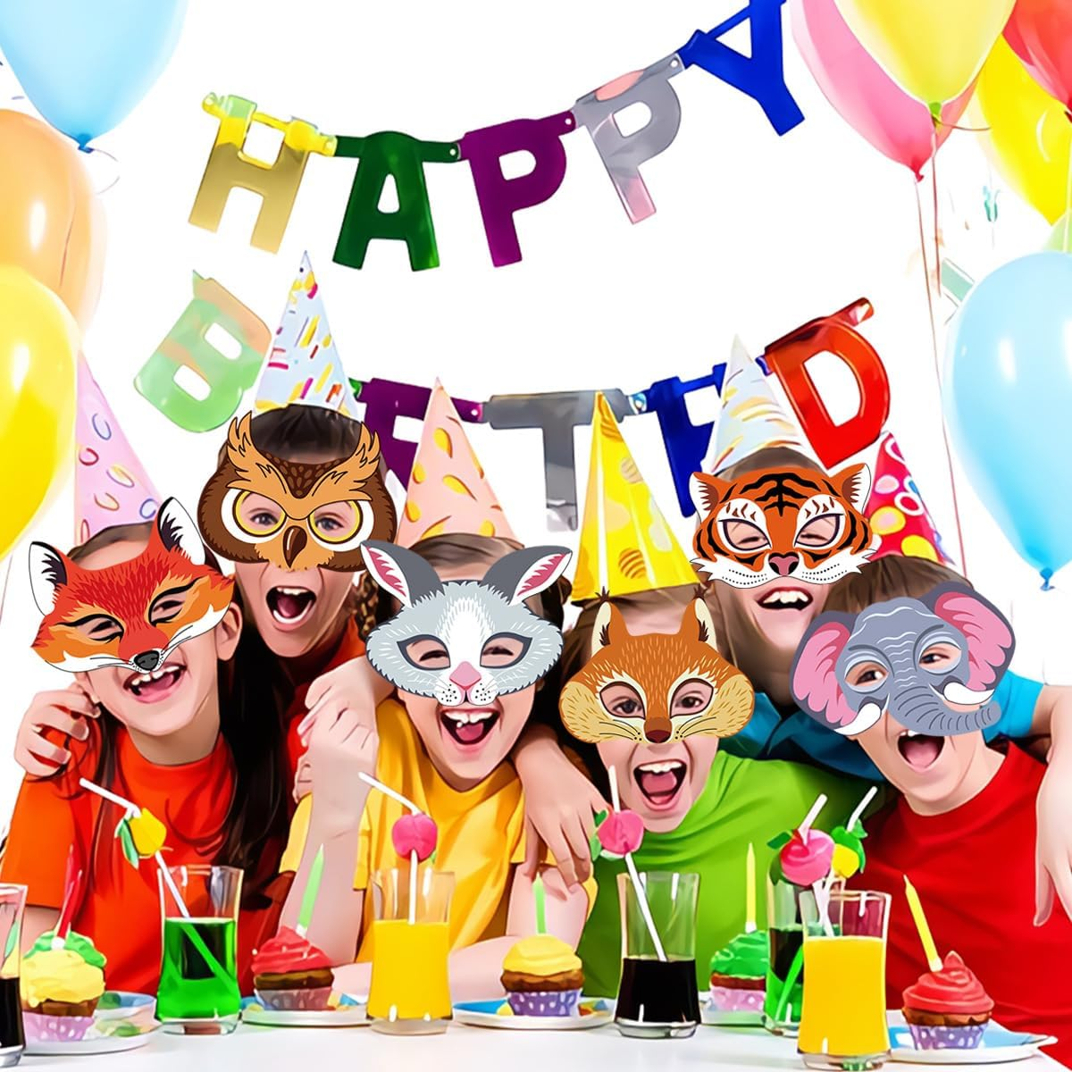12 Pcs Safari Animal Face Masks Jungle Forest Zoo Animal Cartoon Masks, Creative Masks for Animal Theme Birthday Party image number 6