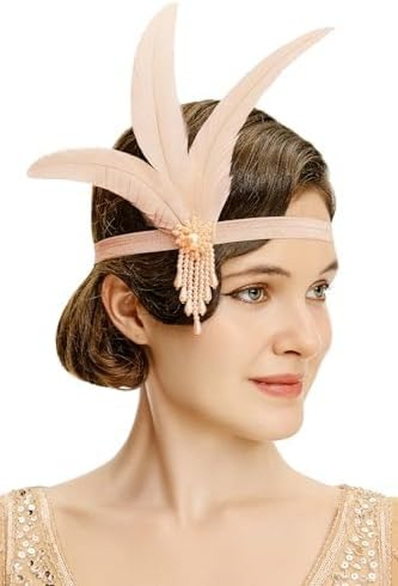 BABEYOND 1920S Flapper Feather Headpiece Vintage 1920S Headband Beaded Flapper Headpiece Great Gatsby Costume Accessories, Gold