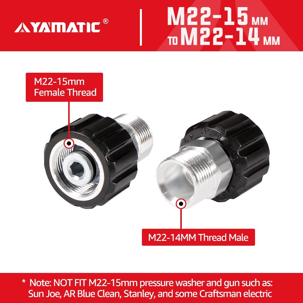 YAMATIC Pressure Washer Adapter, Metric M22-14Mm Male to M22-15Mm Female Fitting, Connect M22-14Mm Pressure Washer Hose with M22-15Mm Outlet Pressure Washer and Gun(1 PCS) image number 2