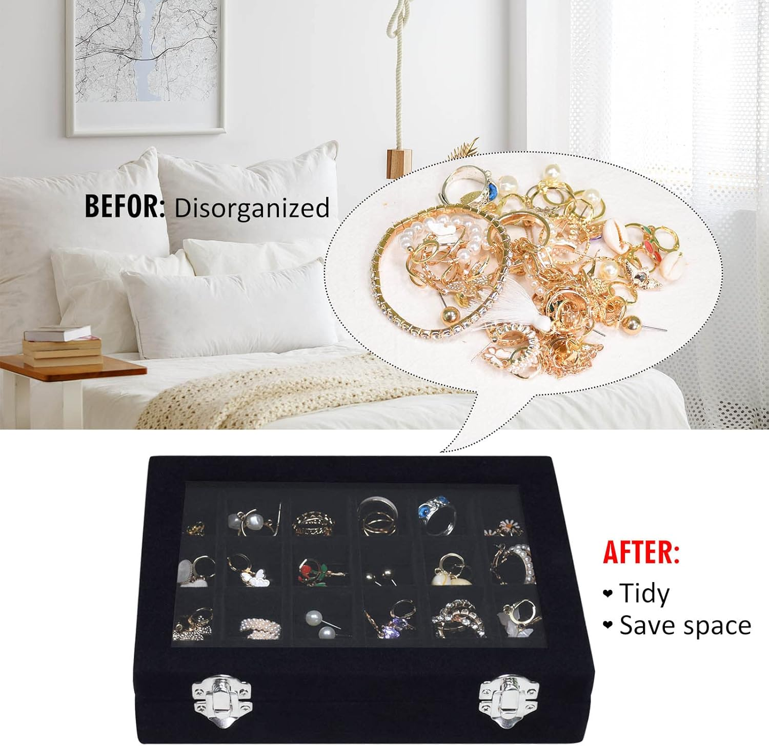 Velvet Jewelry Box 24 Grid Jewelry Ring Display Organiser Box Tray Holder Earrings Storage Case for Girls Wife Mom Women (Black)