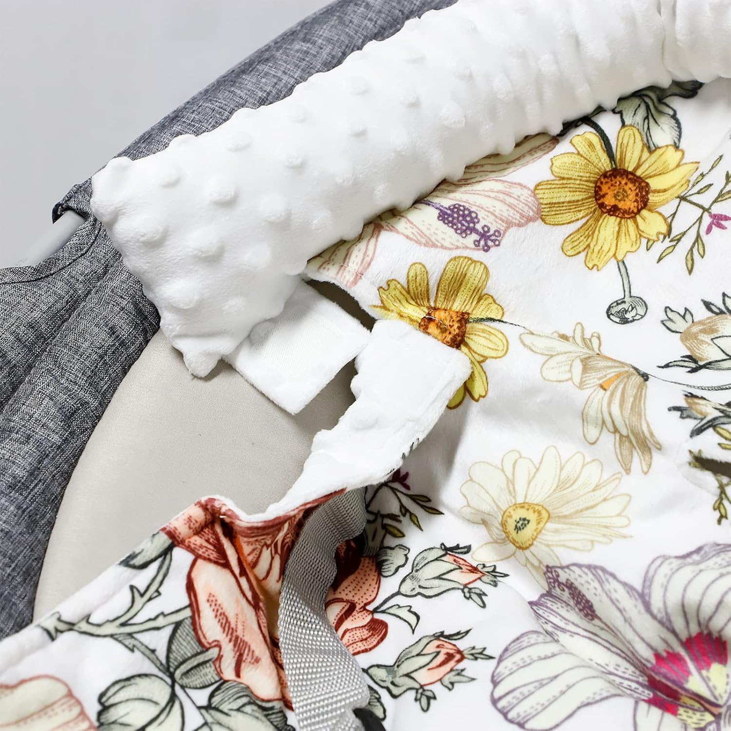 2-In-1 Baby Head Support and Strap Cover for Car Seat, Super Soft Minky Floral Carseat Insert Cushion Headrest for Bouncers, Strollers, Swing