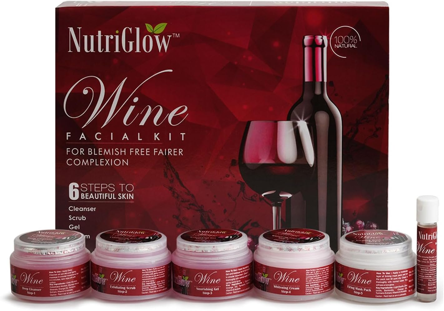 Nutriglow Wine Facial Kit 6-Pieces Skin Care Set with Deep Cleanser, Exfoliating Scrub, Nourishing Gel, Whitening Cream, Mask Pack and Face Serum for anti Aging Skin Care Kit for Women(250Gm+10Ml) image number 5