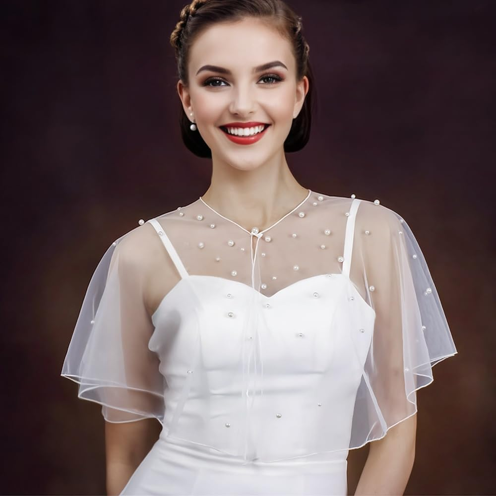 Mopmap Pearls Wedding Capes Shawl Wrap Shrug Bridal Evening Dress Jackets Flapper Bolero Cover up for Party Formal - Off White1 image number 2
