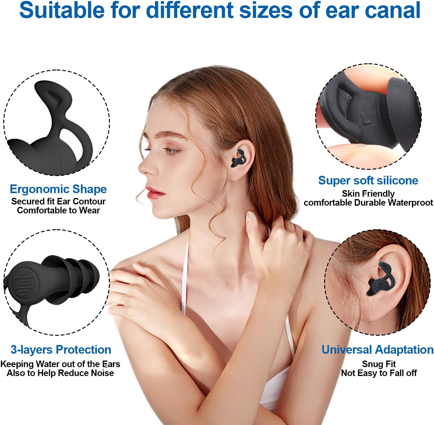 Reusable Silicone Ear Plugs for Swimming, Surfing, Water Skiing, Canoeing, Bathing, Hearing Protection, Learning, Working - 4 Pairs (Black, White, Blue, Purple) image number 5