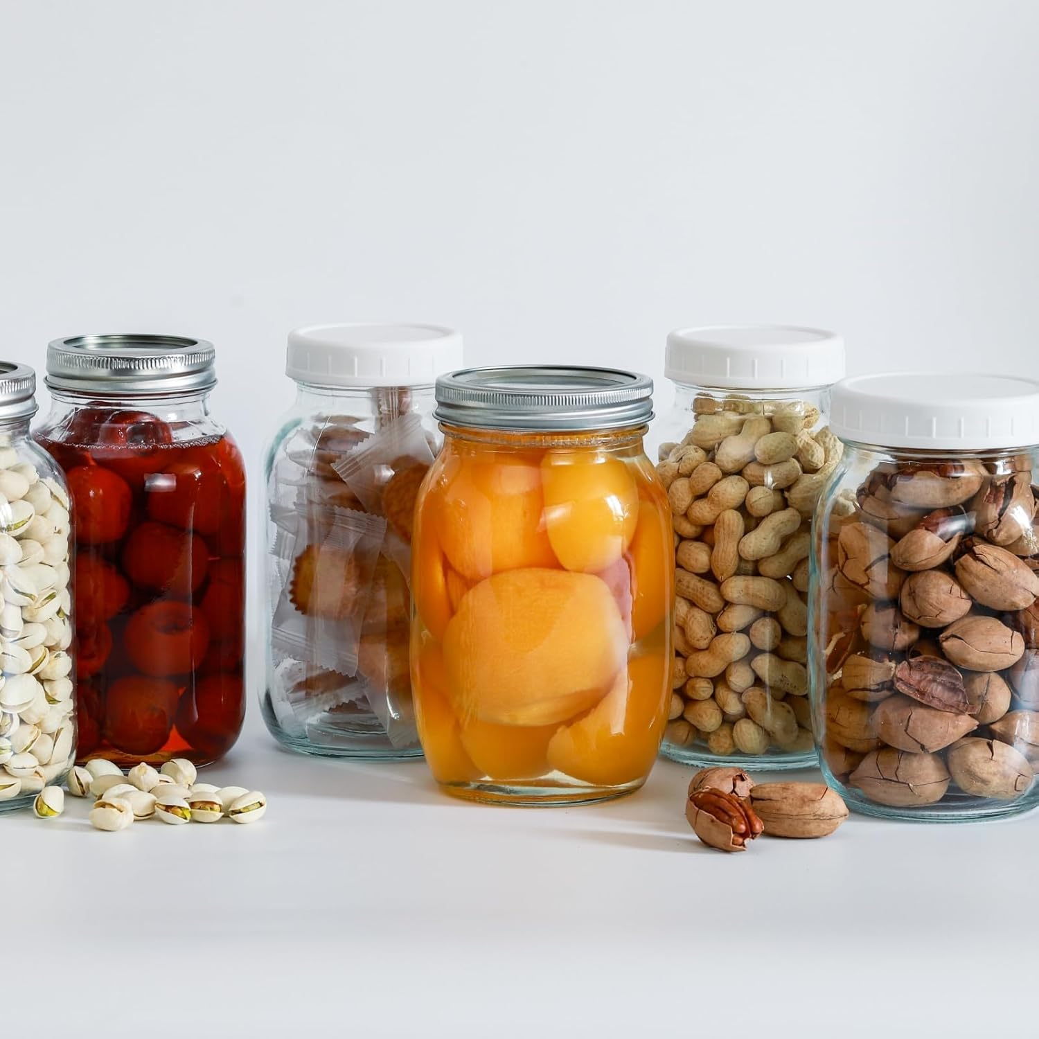 YOZOTI Glass Mason Jars, 6 Pack 32 Oz Wide Mouth with Lids and Bands, 6 White Plastic Lids, Clear Glass image number 5