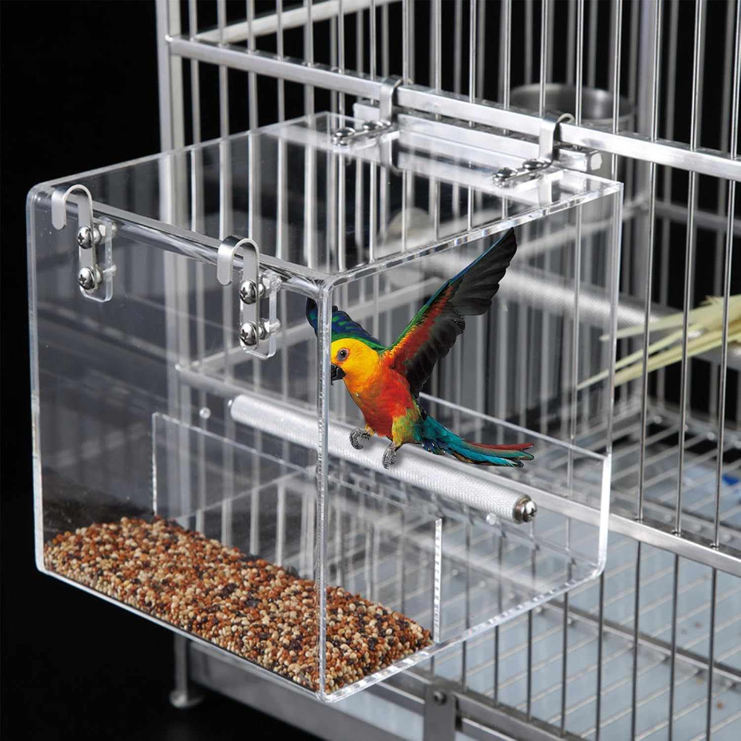 Automatic Parrot Feeder No Mess Bird Cage Seed Feeding Container Box Acrylic Automatic Bird Feeder Bird Cage with Stainless Steel Hooks for Small Birds like Parakeet,Canary,Cockatiel,Parrot 21X21X21Cm image number 4