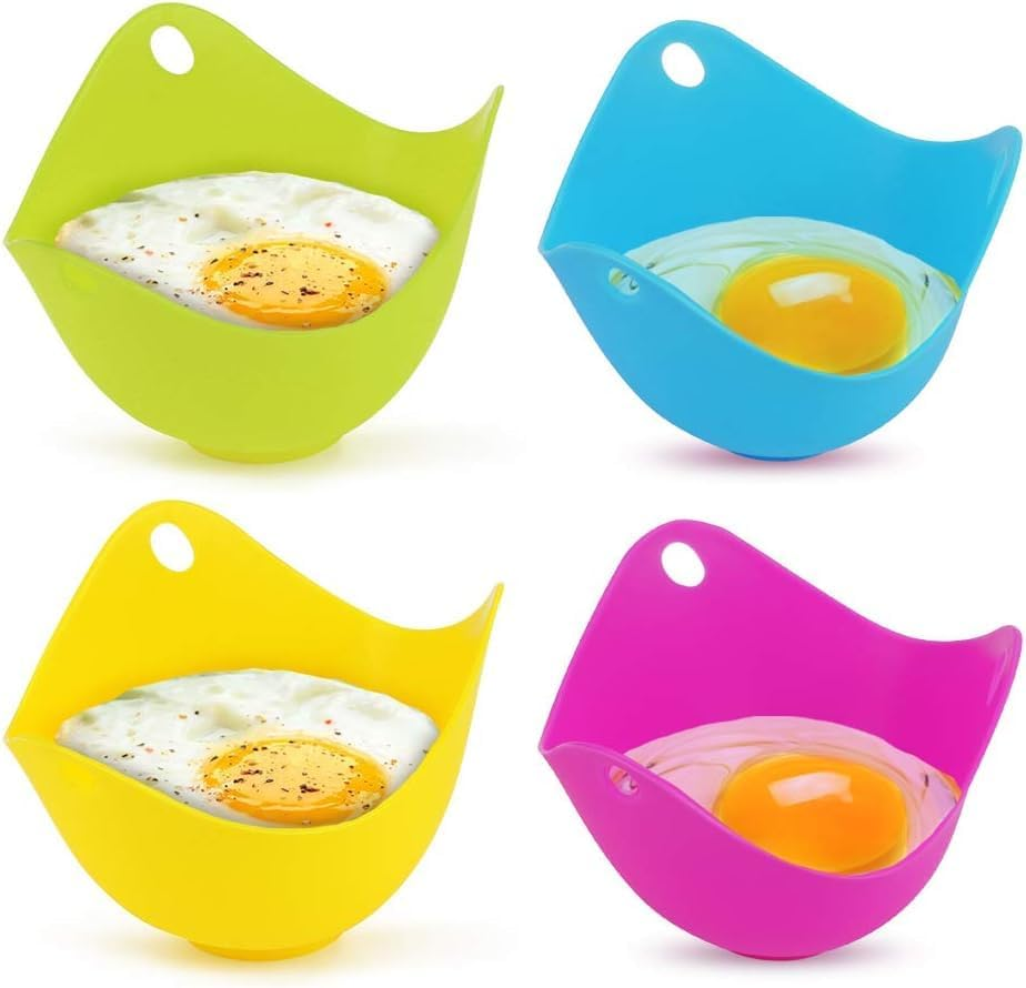 4Pcsthickened Food Grade Silicone Egg Poacher Cups, Cookware, Boiler Steamer, Microwave (Green+Blue+Purple+Yellow, 9.63 * 6.1Cm) image number 1