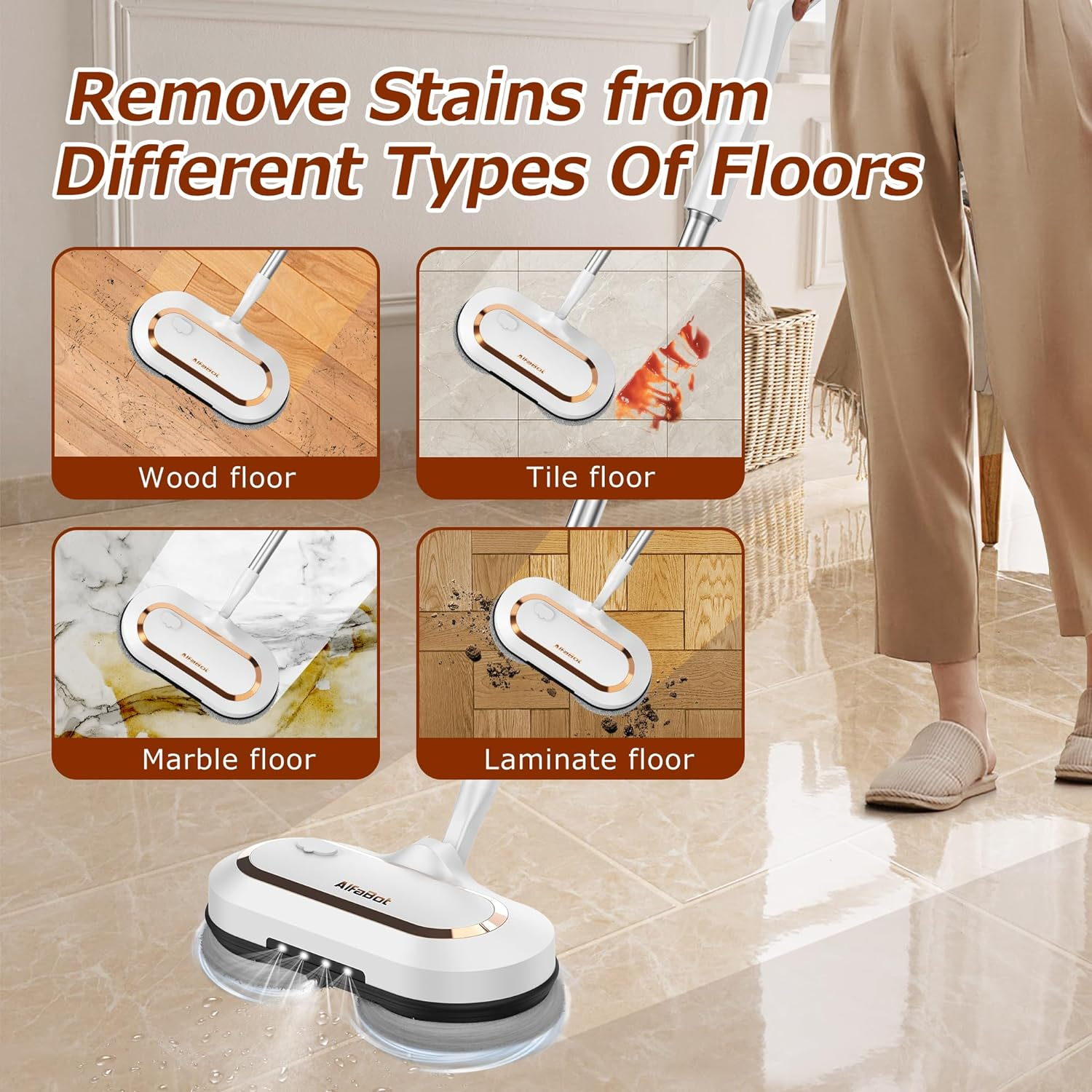 Electric Mop, Alfabot S2 Cordless Spin Mop for Floor Cleaning, with LED Headlight and Sprayer/400Ml Big Tank/60 Mins Runtime, Lightweight Floor Scrubber for Hardwood Floors, Tile, Laminate image number 5