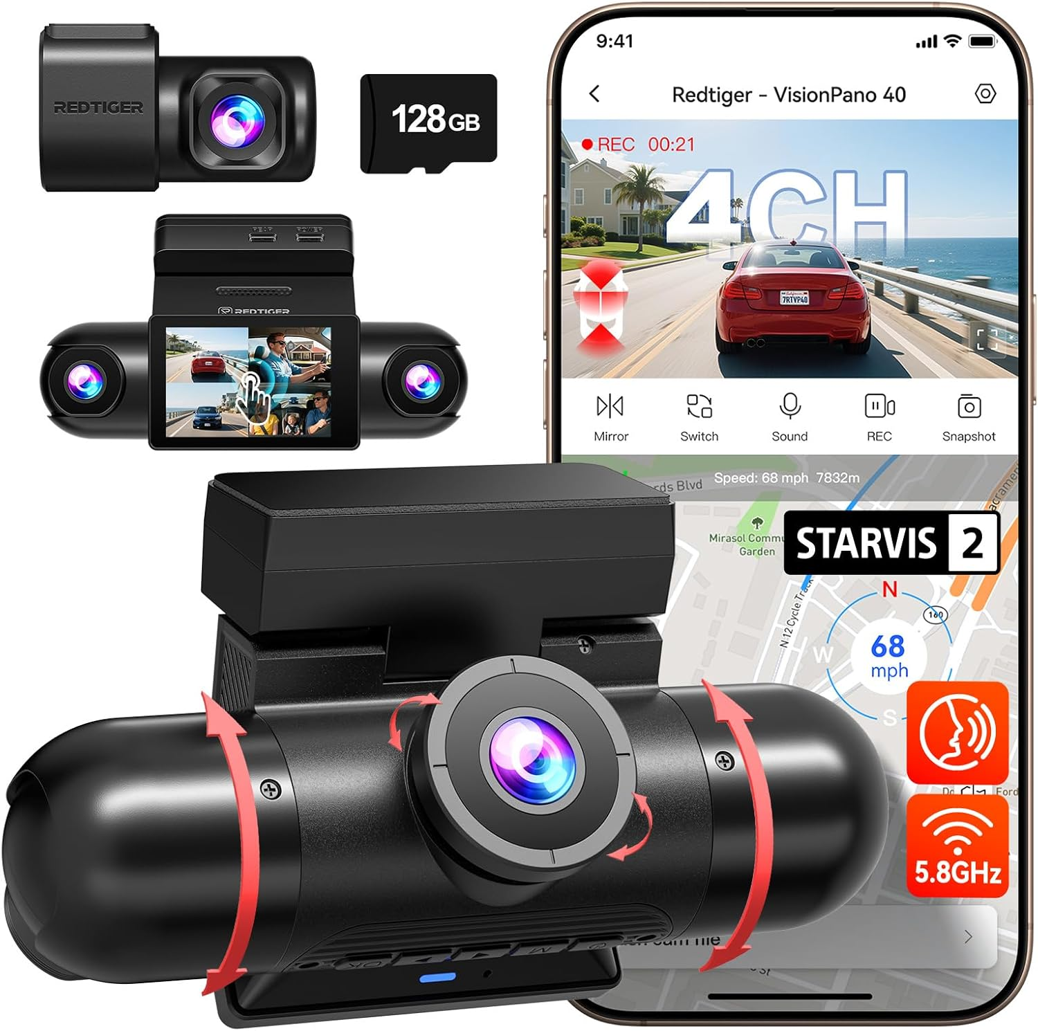 REDTIGER 4 Channel 360&deg; View Dash Cam, Dual STARVIS 2, 2.5K*2+1080P*2 Dashcam Front and Rear inside Left Right, 5.8Ghz Wifi, 8 IR Lights Night Vision, 4 Adjustable Lenses, Included 128GB Card (VP40)