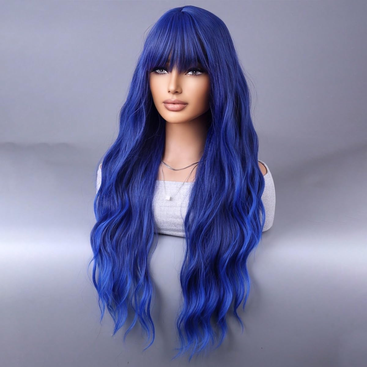YEESHEDO Long Blue Hair Wigs Fringe for Women Girls Natural Curly Wavy Synthetic Colorful Wig for Festival Halloween Outfit Party Cosplay or Daily 28 Inches,Dark Blue - Black image number 3