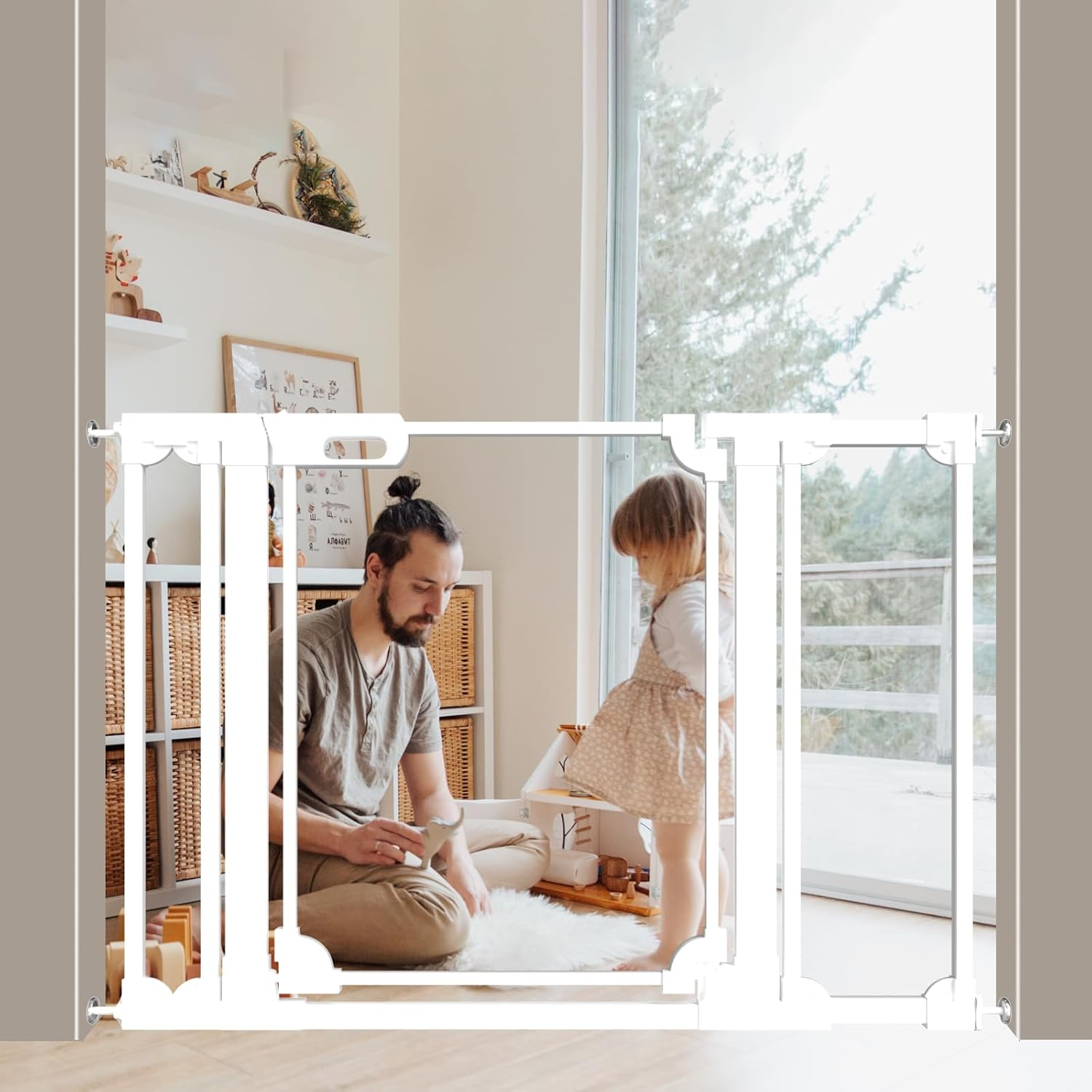 ALLAIBB Clear Acrylic Baby Gate for Stairs, Adjustable 75 to 120Cm Safety Auto Close Dog Gates Indoor, Hallways, Kitchen, White Modern Design Pet Gate for Doorways and Home Security image number 3