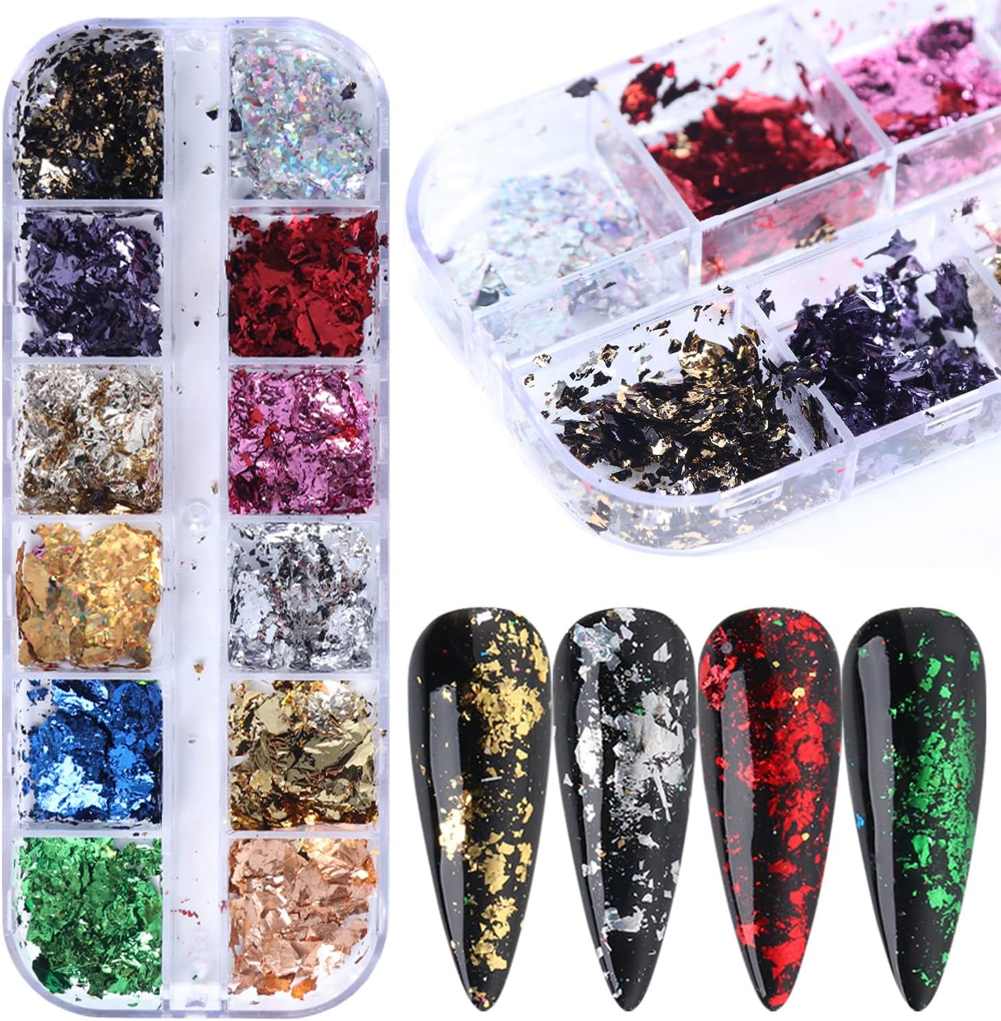 Holographic Nail Glitter Foils, 12 Colors Sparkly Ultra-Thin Aluminum Foil Nail Art Flakes Design, Laser Nail Sequins Acrylic Supplies for Women Girls Manicure Charms Decorations, DIY 3D Nail Art Tips image number 6