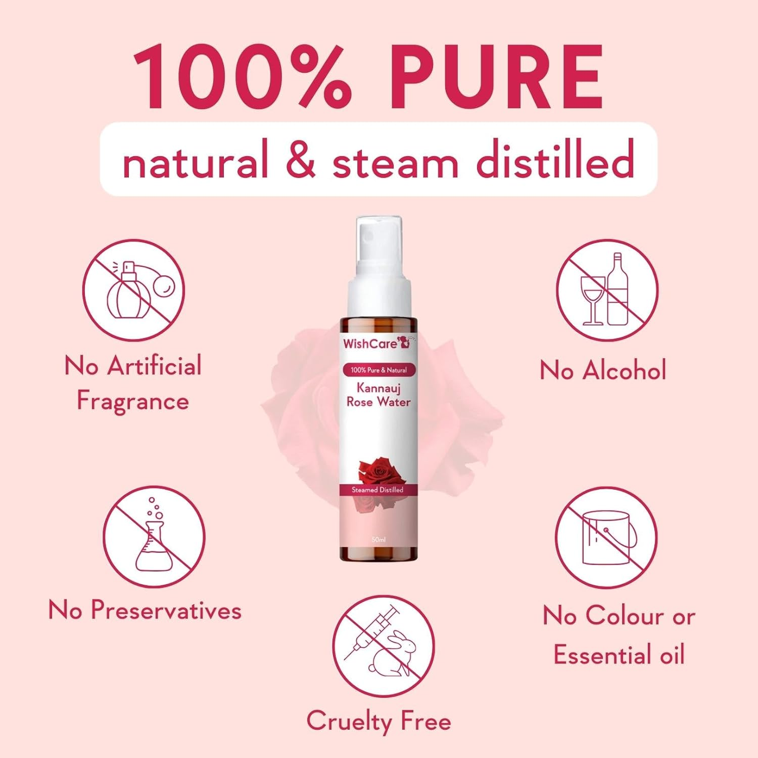 Wishcare&reg; 100% Pure & Natural Rose Water - for Skin, Face & Hair - Steam Distilled - Kannauj Gulab Jal - Spray Skin Toner - Free from Paraben, Alcohol & Chemicals - 50 Ml image number 2