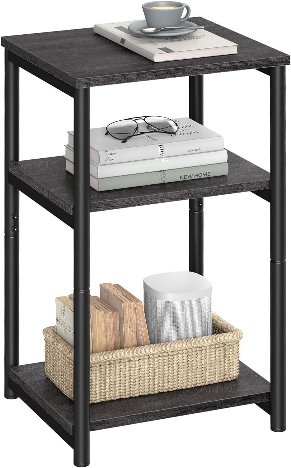 VASAGLE Sofa Side Table, 3-Tier End Table, Bedside Table with Steel Frame, for Living Room, Bedroom, Home Office, Industrial Style, Heather Greige and Classic Black LET273B02