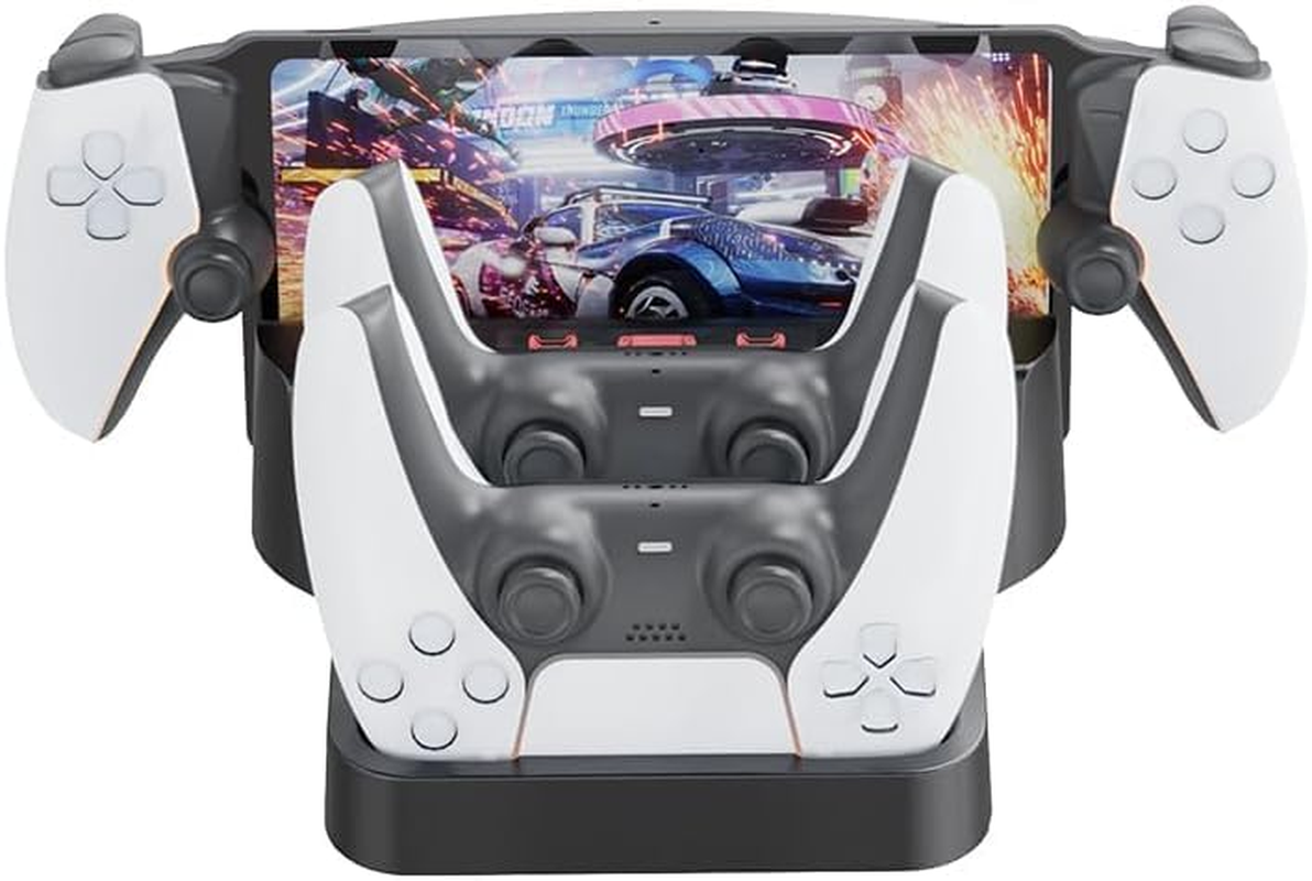 Charger Station Forps5 Controller PS5 Portal，2 in 1 Charging Dock Stationfor Playstation PS5 Portal Controller & Remote Player Charging Stand with 2 Type C Plug and Cable (Black)
