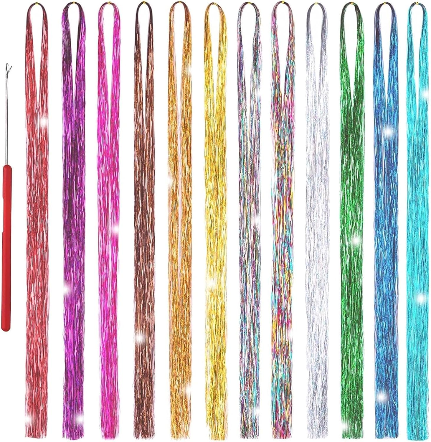 12 Colors Hair Tinsel Kit with Tools, Hair Tinsel Heat Resistant Sparkling Shiny Fairy Extensions for Christmas New Year Halloween Party and Accessories Extensions(Color:Colorful) image number 6