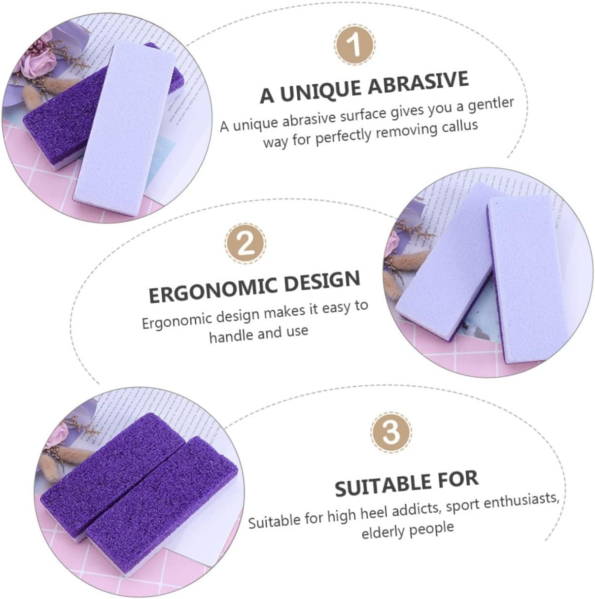 Gogogmee 5Pcs Double Sided Pumice Stone Foot Care Ergonomic Dead Skin Callus Remover Durable PU Exfoliating Scrubbers for Smooth Skin Purple image number 3