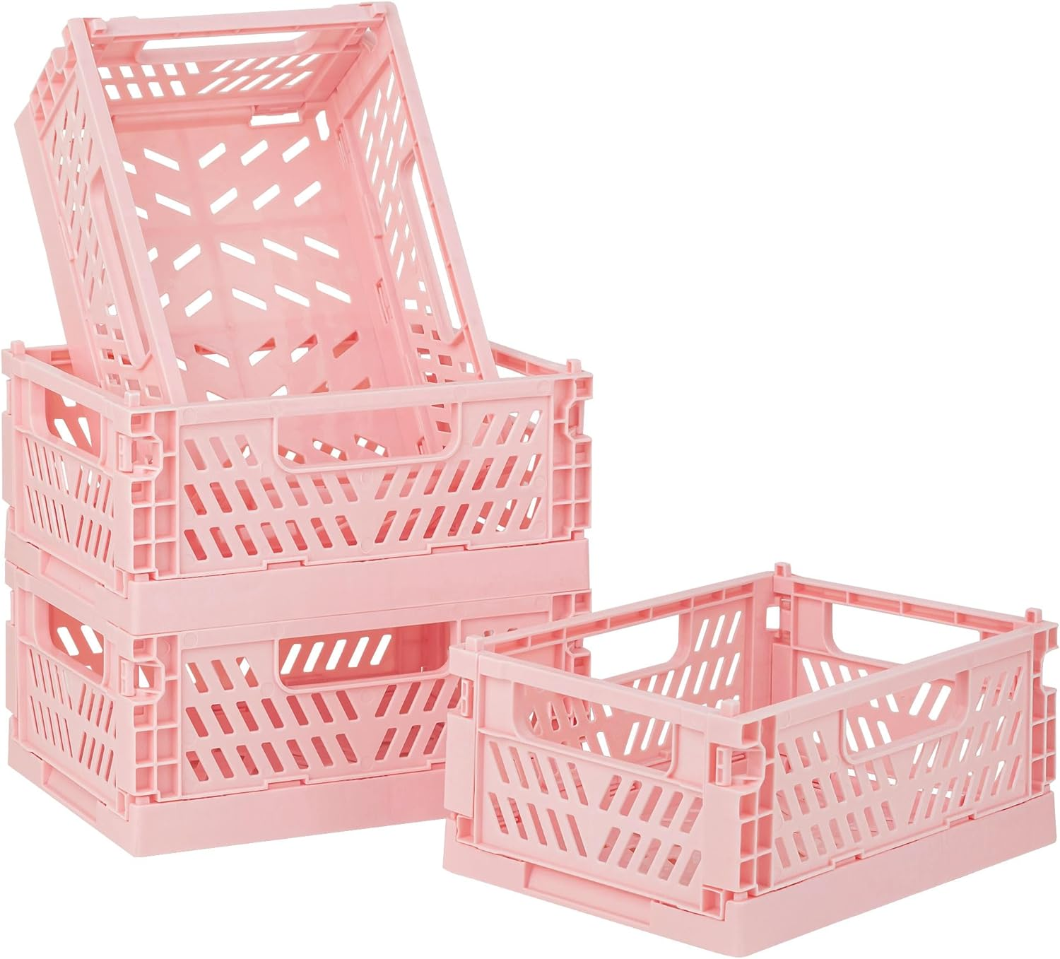 4-Pack Pink Baskets Plastic Storage Crate Small Baskets for Organizing Collapsible Storage Crates for Desk Organizers,Stackable Cute Storage Bins for Classroom,Office,Bathroom 5.9"X 3.9" X 2.3"