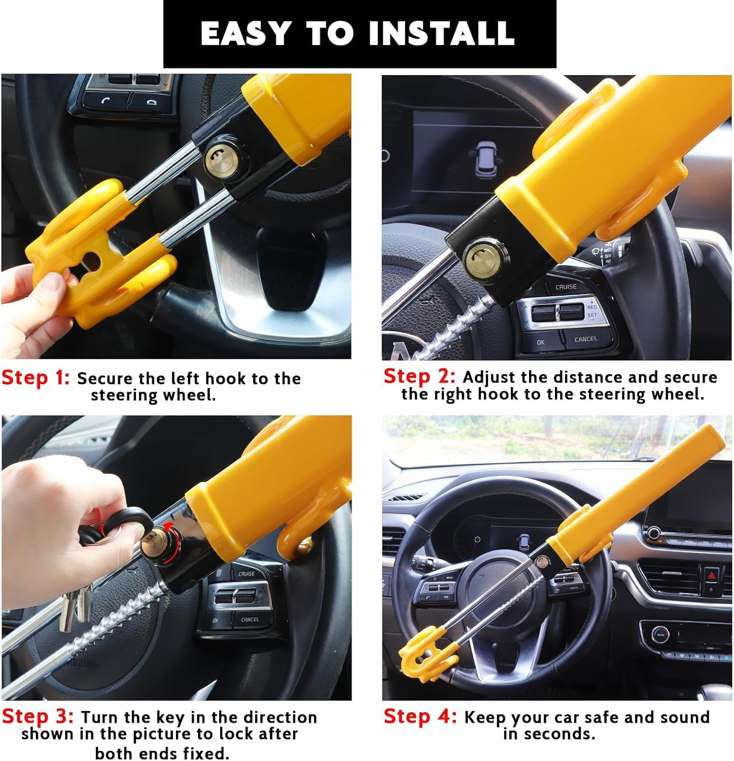 Steering Wheel Lock Anti-Theft Device Wheel Lock Retractable Car Lock with 3 Keys Heavy-Duty for Car Security Universal Fit for Auto/Suv/Van/Truck image number 2
