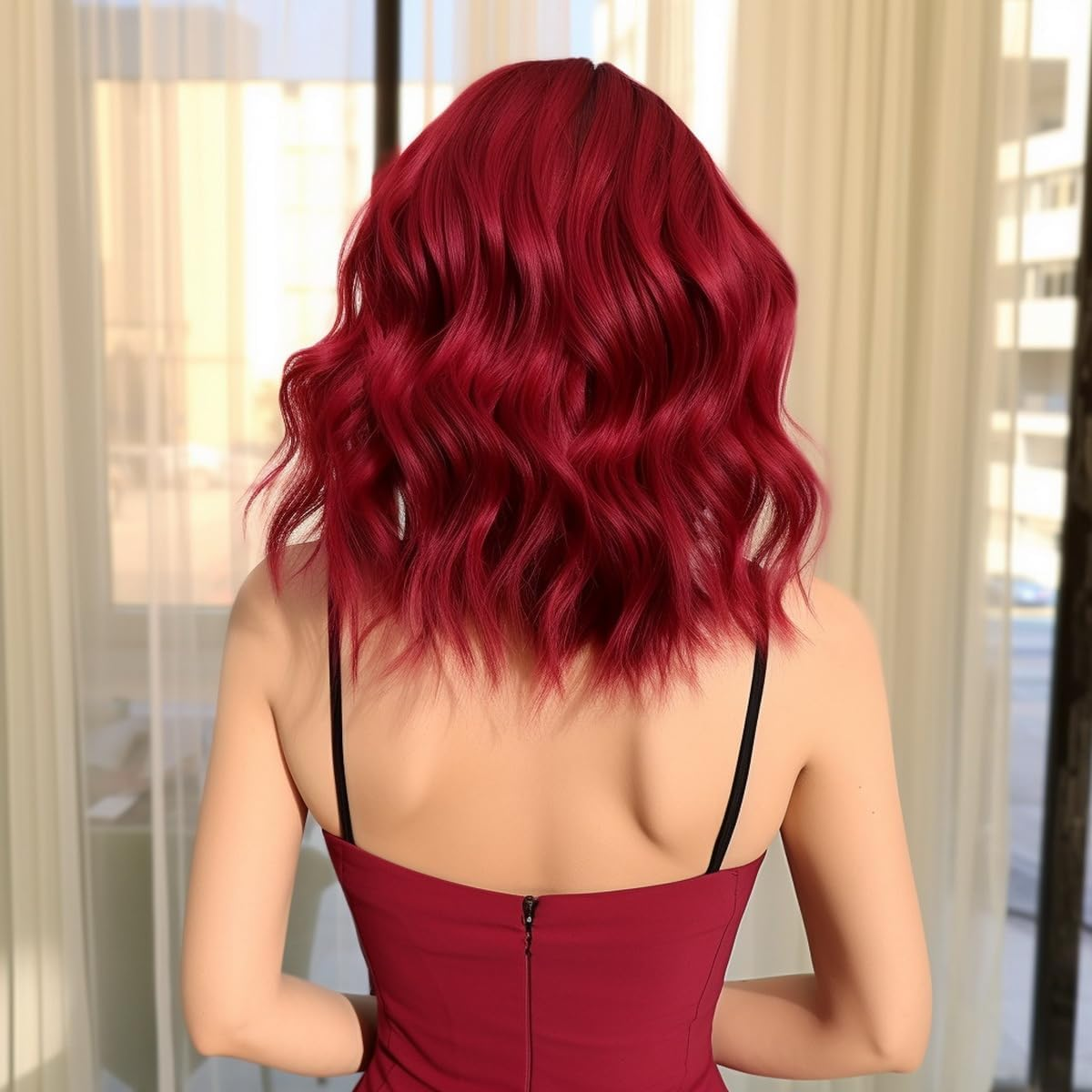 BERRYLION Wigs for Women|Short Bob Wig with Bangs|Synthetic Wavy Bob Wig with Air Bangs (Wine Red) image number 2