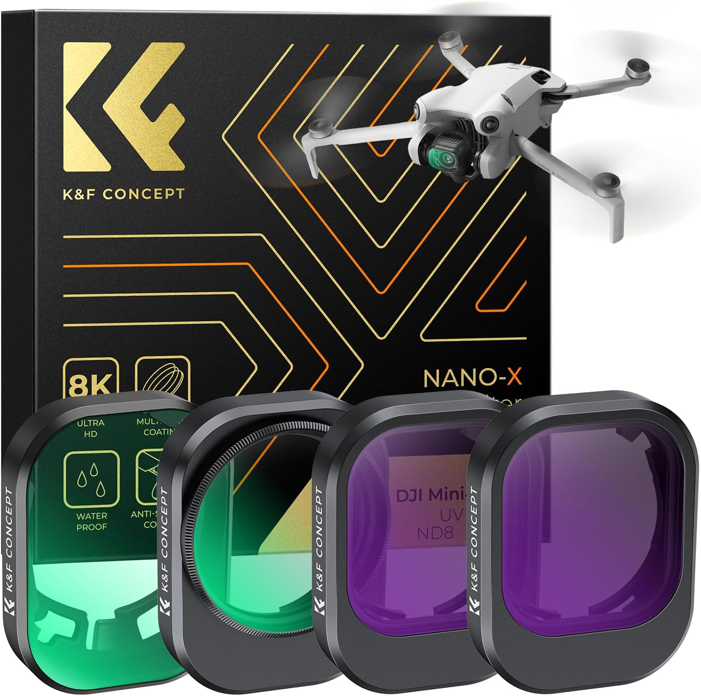 K&F Concept ND UV CPL Filters Kit Compatible with DJI Mini 4 Pro,4 Pack(Cpl+Uv+Nd8+Nd16)，Uv Filter Neutral Density Filter Multi-Coated Optical Glass Filter Drone Camera Accessories