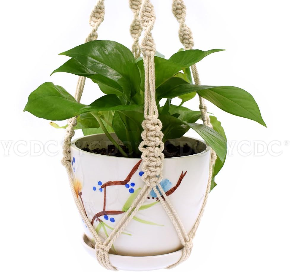 2 Pack Macrame Plant Hanger Indoor Outdoor Hanging Planter Natural Manual Knitted Cotton Macrame Cord Plant Hanger with Ring for Home Decor Ceiling Wall Planters Hanging, 20 Inch image number 5