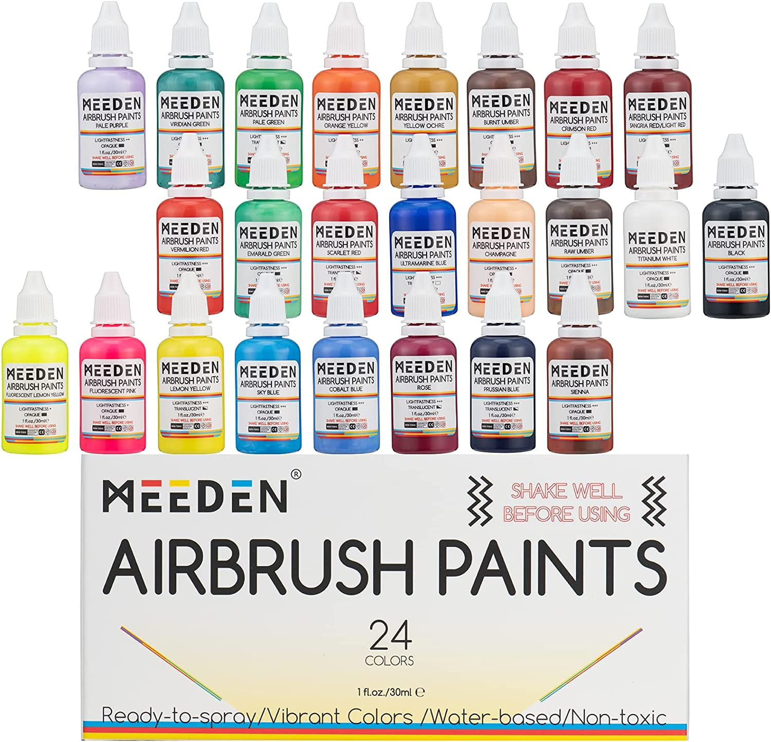 MEEDEN Acrylic Airbrush Paint for Model: Air Brush Spray Paint Set Including Fluorescent and Metallic Colors - 60 Colours X 30Ml