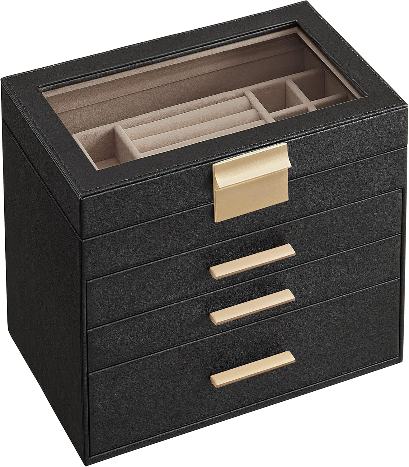 SONGMICS JBC161B02 4 Tier Jewellery Box with Glass Lid 3 Drawers Sunglasses Large Jewellery Storage Modern Graphite Black Gold