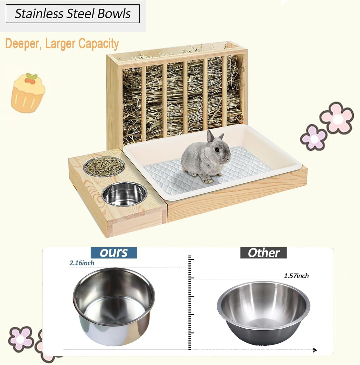 Lxcshljx 3 in 1 Rabbit Hay Feeder with Litter Box, Wooden Bunny Feeder Holder with Toilet and Bowls Combo, Small Animal Hay Rack Manger for Chinchillas, Hamster, Dwarf Rabbit, Guinea Pig, Ferrets image number 1