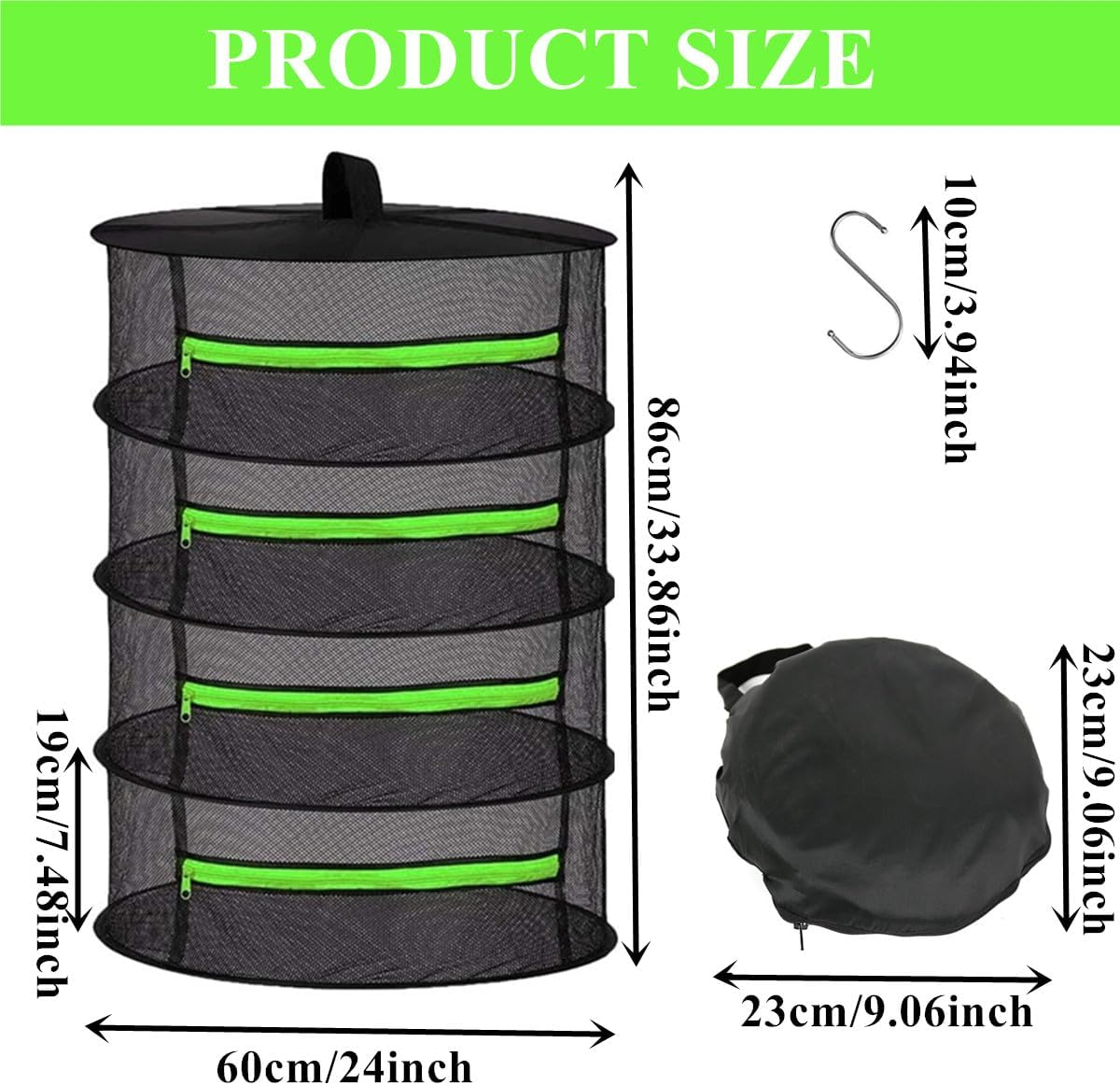 4 Layer Herb Drying Rack,Hanging Plant Drying Net with Green Zippers,Foldable Mesh Rack,For Drying Flowers,Vegetables, Herb,Garden(24X24X31.5Inch) image number 6