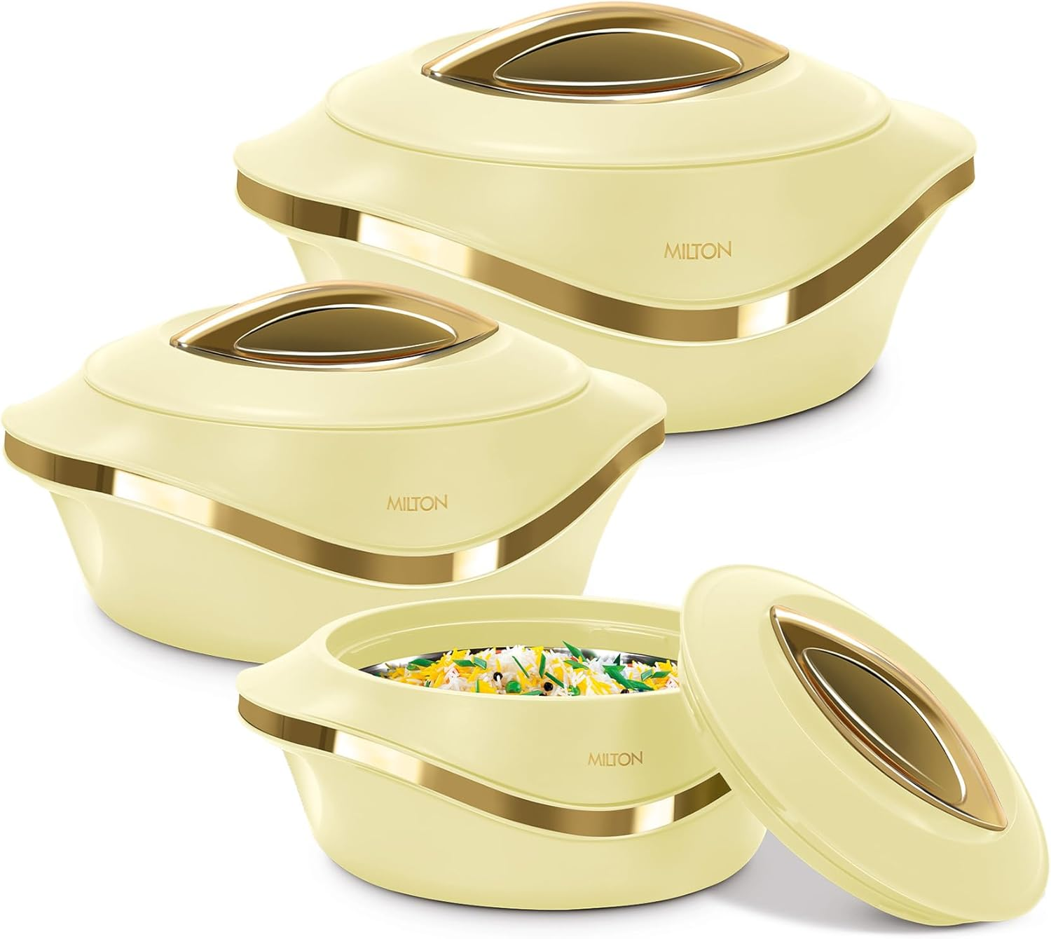 Milton Casserole Double Walled Inner Stainless Steel Serving Casserole Set of 3 (860 Ml, 1.27 Litre, 1.96 Litre), PU Insulated Kitchen Hot Pot, Keeps Food Hot & Fresh for Roti,Pearl - Marron