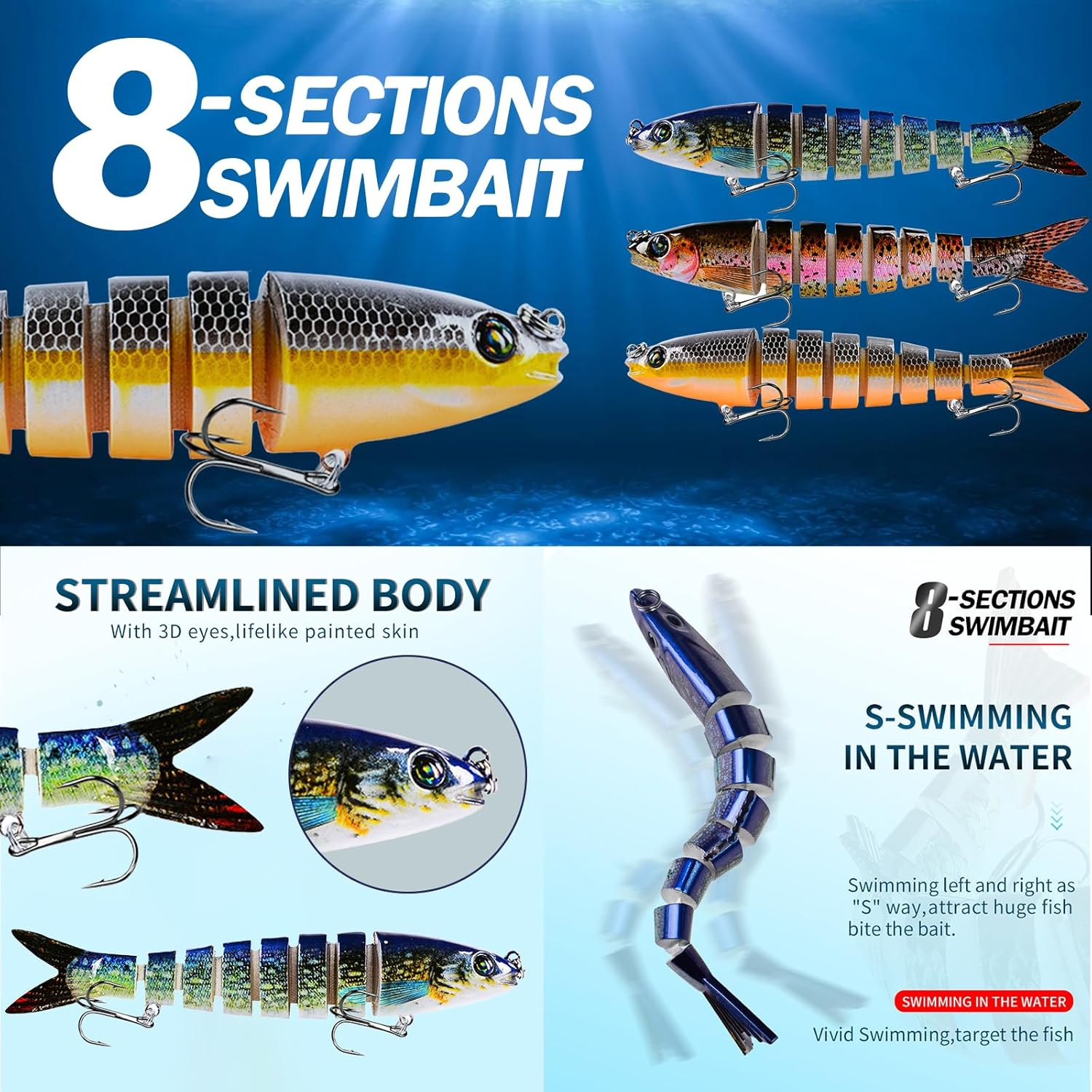 Roseflower 8 Segments Multi Jointed Swimbaits, Slow Sinking Fishing Lures for Freshwater & Saltwater, Ideal Accessories for Fly, Sea Fishing image number 5