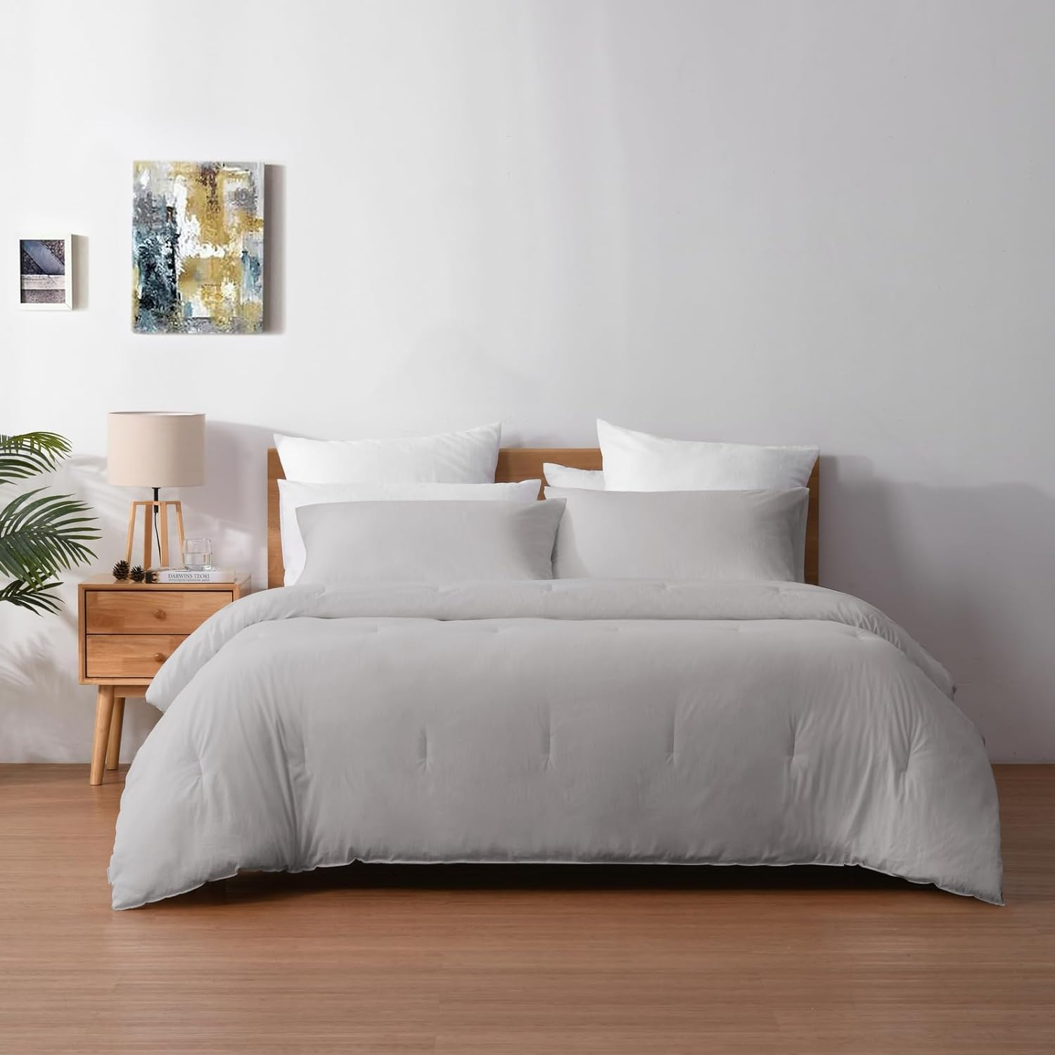 Dreamaker 225TC Cotton Washed Comforter Set - Soft & Cozy Bedding Collection All-Season Quilted Bedspread Hypoallergenic - Light Grey (King) 1 X Comforter 245X210 Cm; 2 X Pillowcases 48X73+15 Cm image number 1