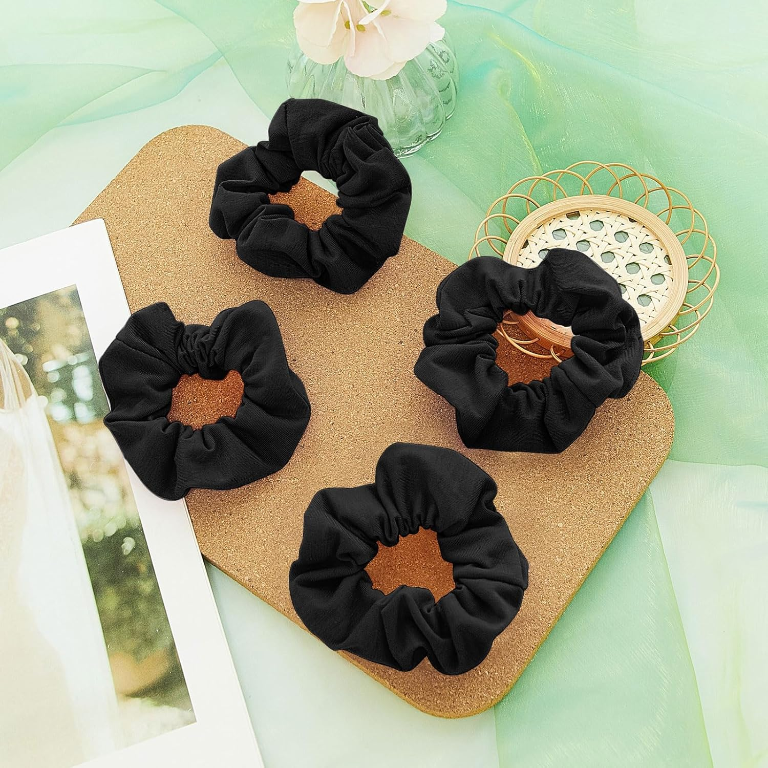 Tigeen 24 Pcs Scrunchies Bulk Soft Hair Scrunchies Cotton Solid Colors Thick Elastic Bands Ponytail Ties for Women Valentine'S Day Hair Accessories Favors (Black) image number 1