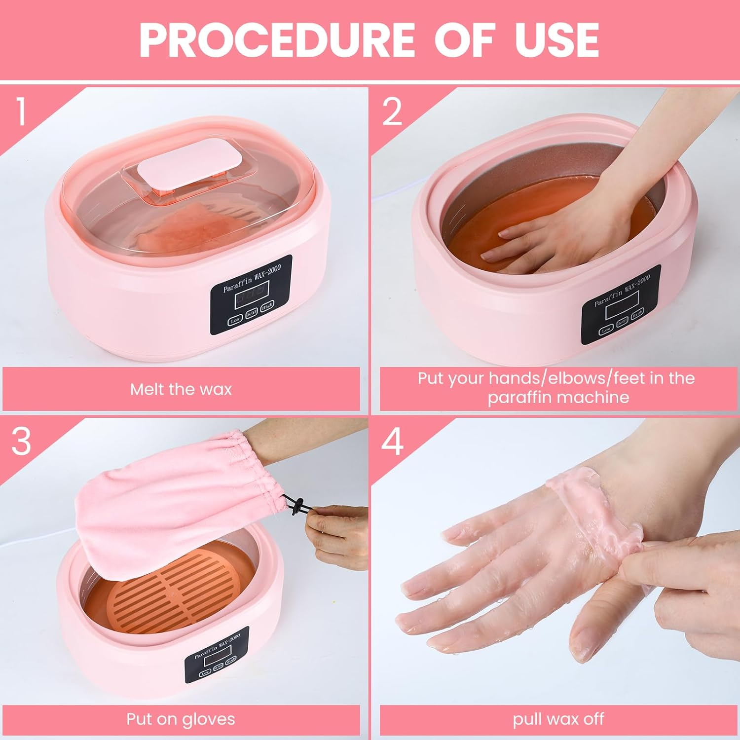 Paraffin Wax Machine for Hand and Feet - 3500Ml Hot Wax Hand Wax Machine with 6 Pcs Paraffin Bath Wax, Foot Wax Paraffin Foot Care Kit, Hand Wax Machine, Moisturizing and Exfoliating-Pink AU Plug image number 4