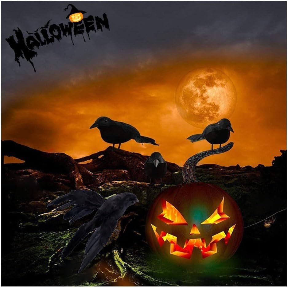 4 Pcs Halloween Crows Realistic Feather Crows Artificial Ravens Spooky Black Feather Crow Bird for Indoor Outdor Party Prop Decorations (Black) image number 4