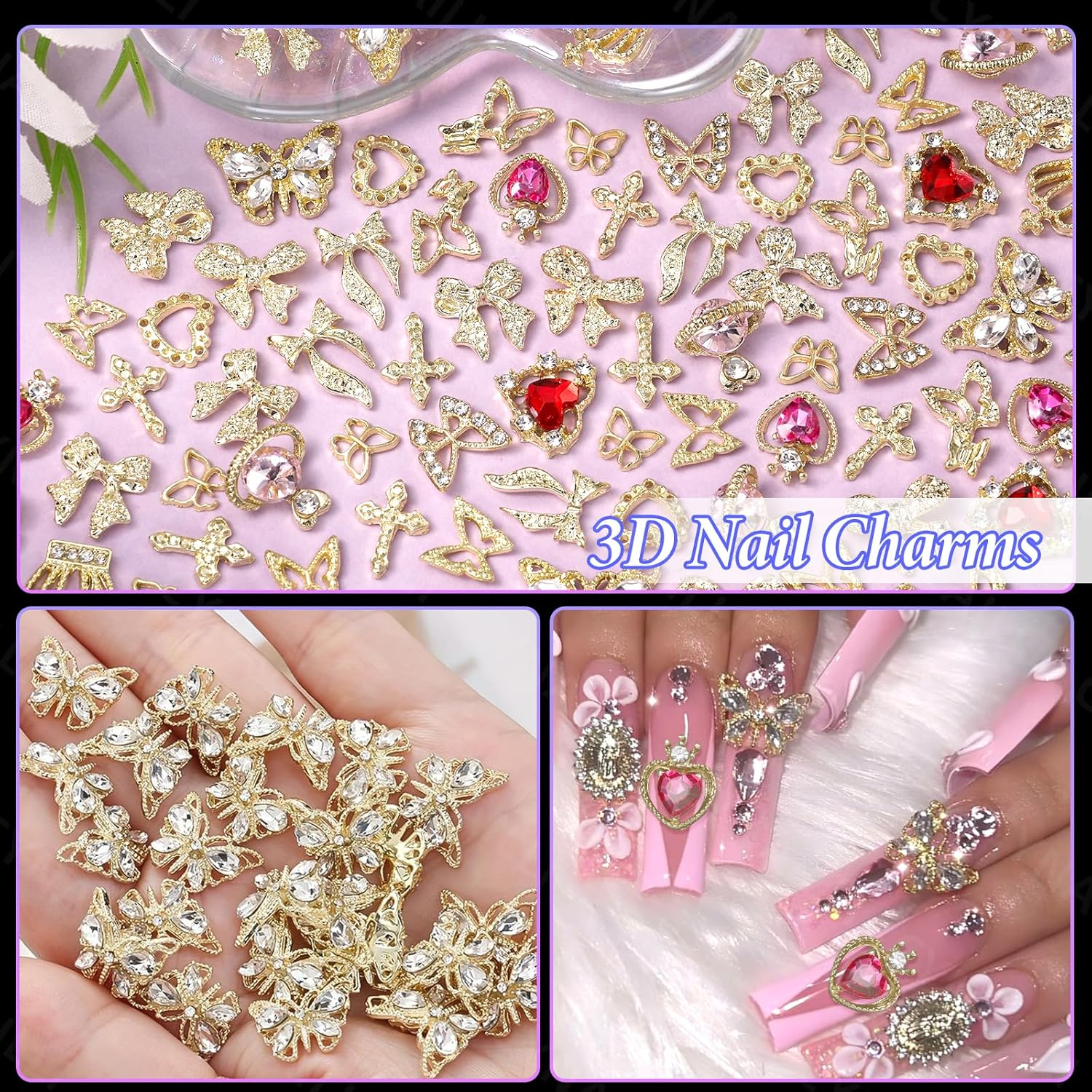 110 Pcs Gold Nail Charms and Gems Y2K, 3D Butterfly Heart Nail Gems, Planet Crown Nail Art Jewels, Cross Bows Charms for Alloy Nails Art Design DIY Accessories - Color-S5 image number 5