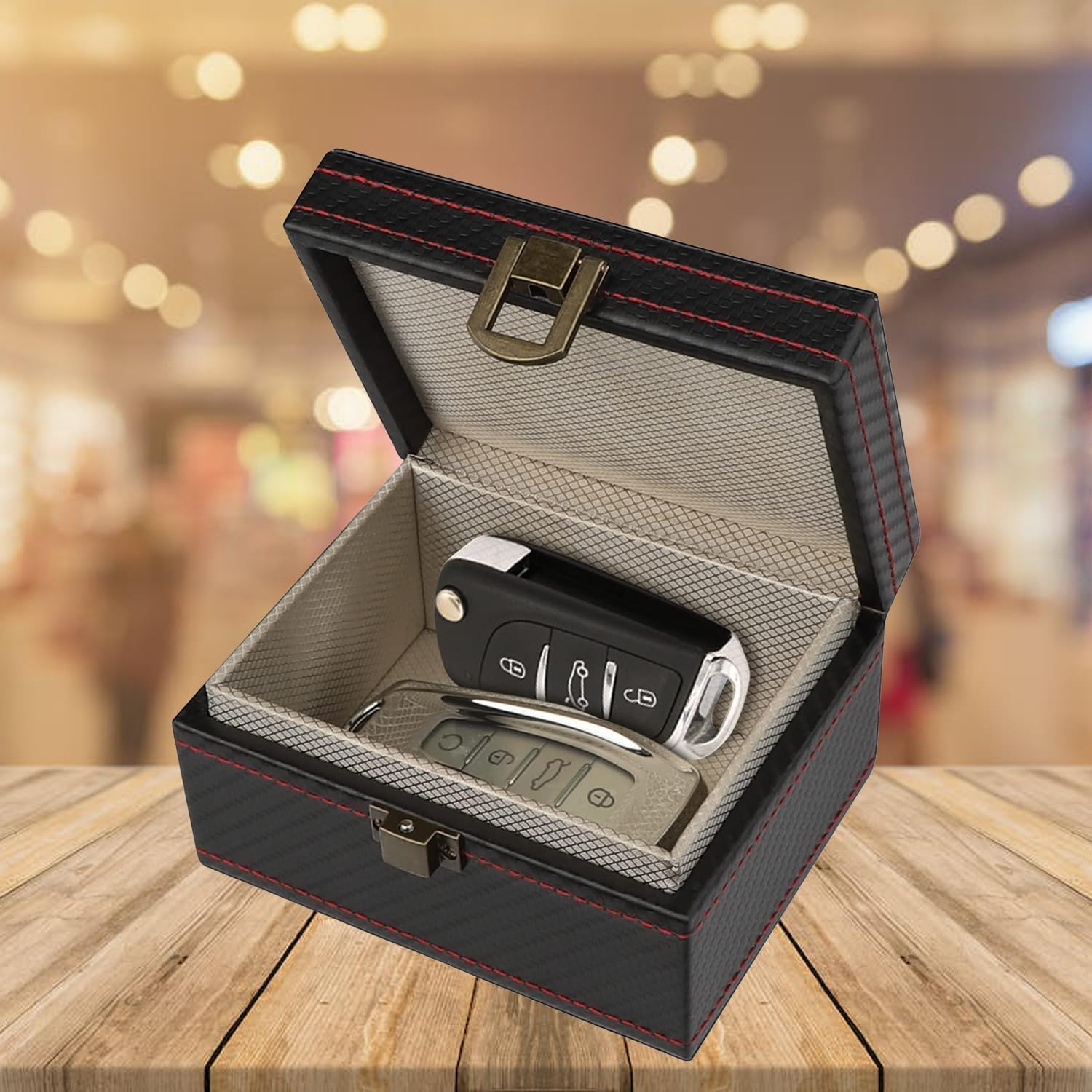 Car Key Signal Blocker Box, Large Anti-Theft RFID Key Box with 4~5 Car Keys Capacity for Car, 11.5X9X6.3Cm Premium Leather Wear-Resistant Signal Blocking Box for Car Keys (Black) image number 2