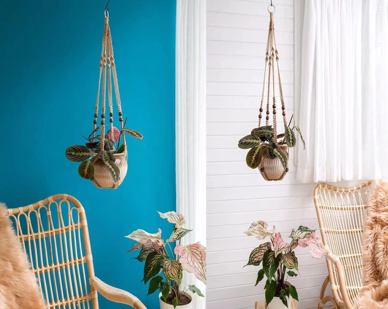 Hanging Planter Rope Macrame Plant Hanger Indoor Wall Hanging Planter + 2 Hooks Hanging Planters Basket Cotton Rope 4 Legs 35 Inch Used for Herbs Ferns Ivy Crawling Plants Hanging Planters(Brown) image number 2