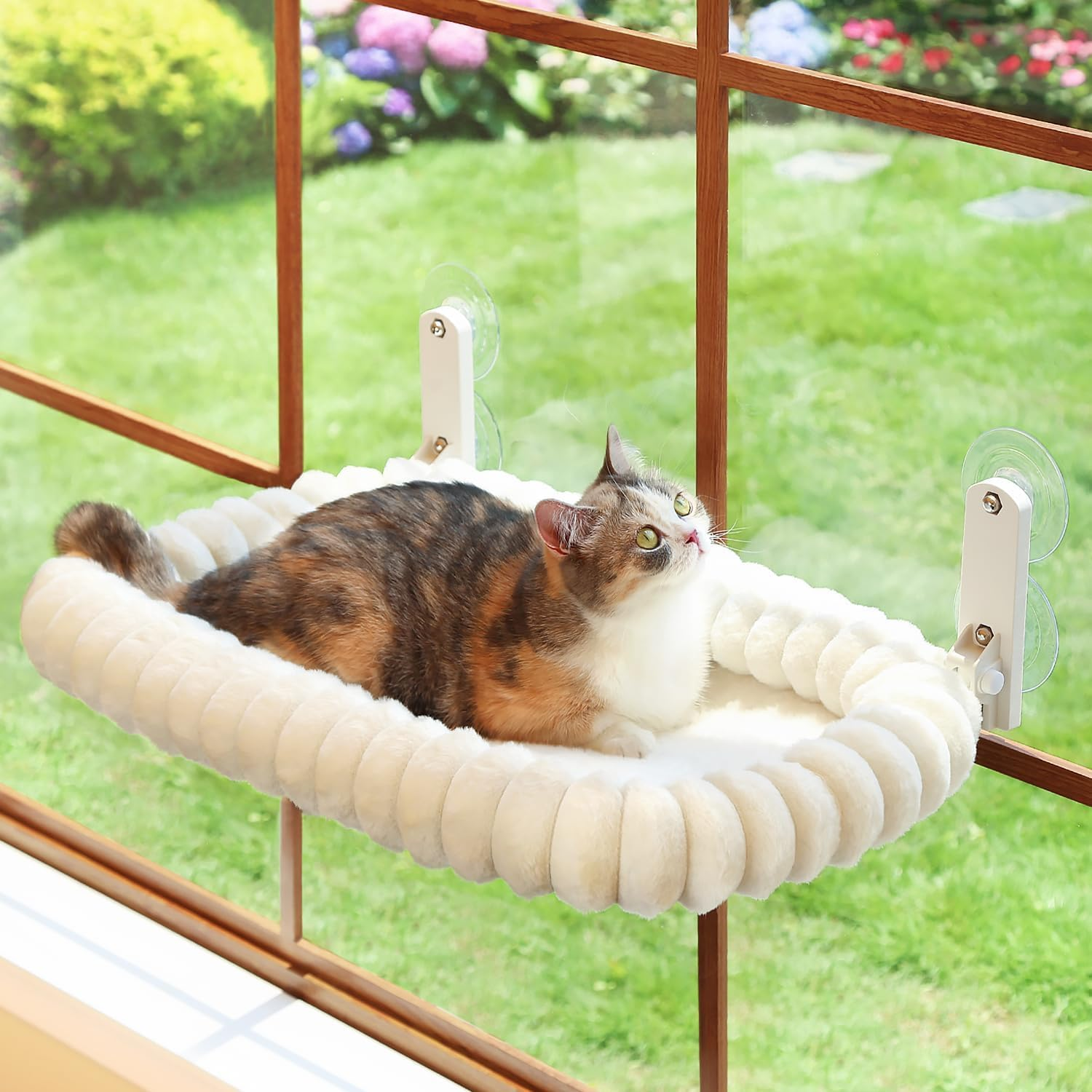 Cat Window Perch Hammock for Large Cats, Folding Bed with Heavy Duty Metal Frame Holds 40Lbs & 4 Strong Suction Cups, Removable Machine Washable, Cream White image number 2