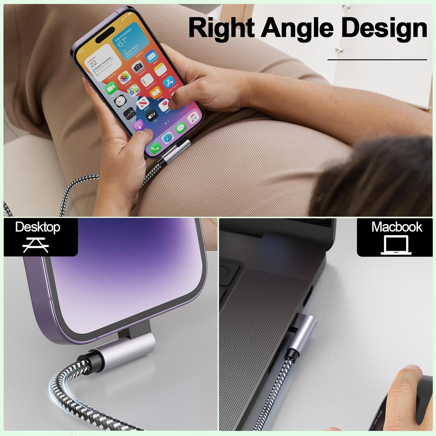 Long Iphone Charging Cable, [3Pack 2M+2M+3M] 90 Degree Right Angle USB a to Light Ning Cable, Nylon Braided 6FT 10FT Long Fast Charger Cord for Iphone 14 13 12 11 Pro Max Xs Xr X 8 7 6 plus SE Ipad image number 2