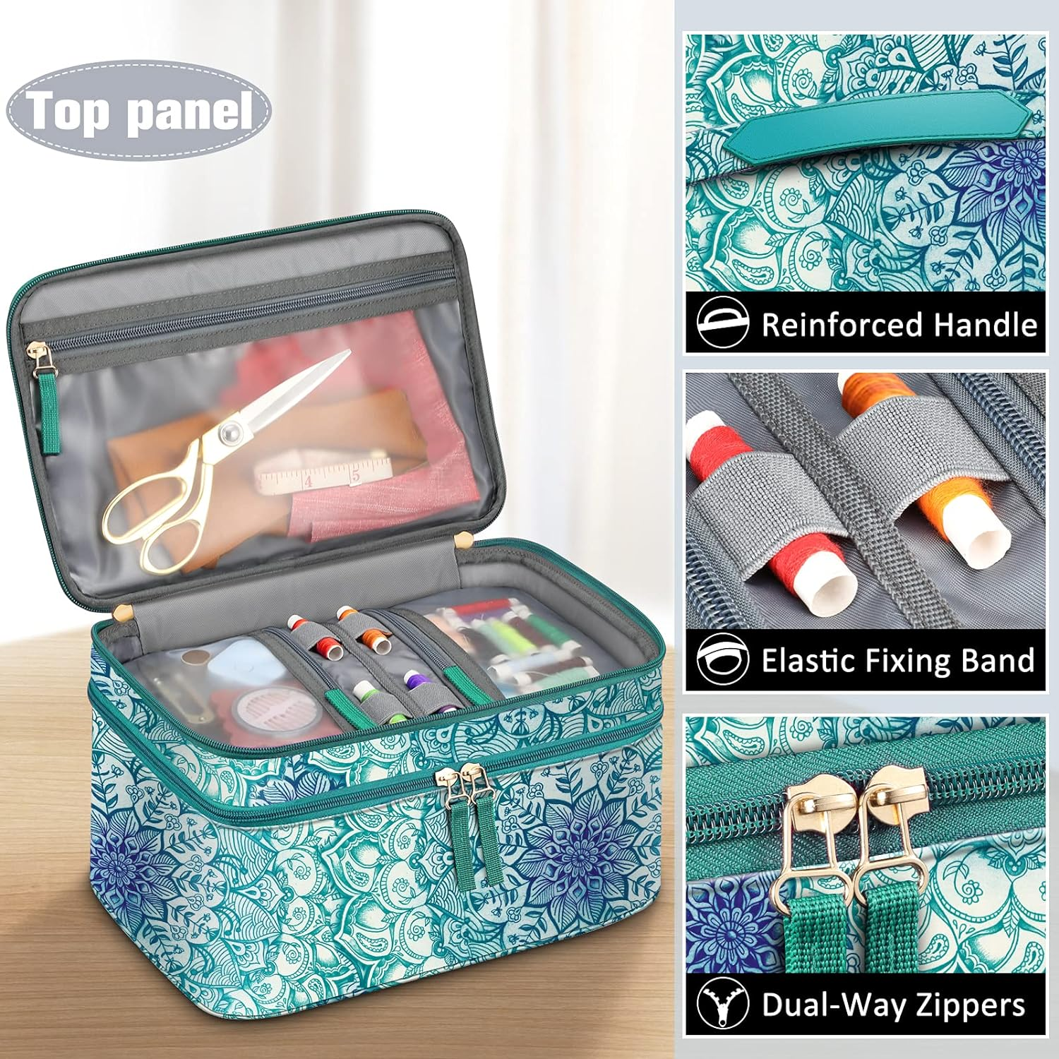 FINPAC Sewing Accessories Storage and Organizer Case, Double-Layer Sewing Kits Carrying Bag with Wrist Pin Cushion for Threads, Needles, Embroidery Floss Supplies, Felting Kits (Emerald Illusions) - Spring Bloom image number 5