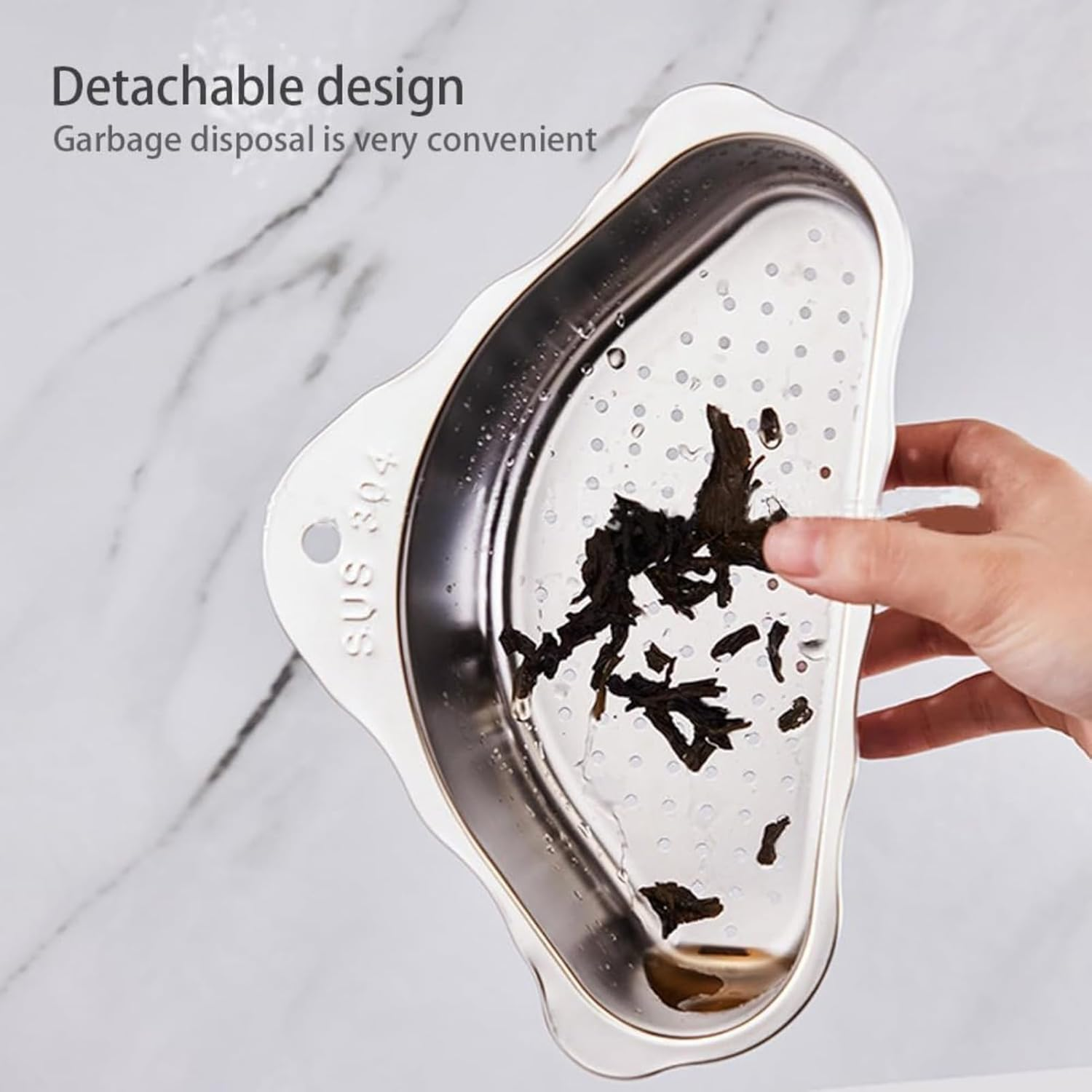 RODISHOMM Triangle Sink Drainer Basket, Stainless Steel Corner Sink Drain Shelf with Suction Cups, Triangular Food Waste Filter for Kitchen Sink, Fruit Washing & Drainage (Silver) image number 6