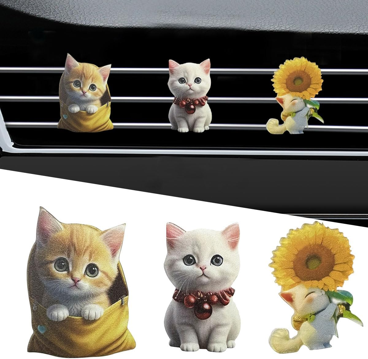 3PCS Cute Cat Car Air Freshener Vent Clips, 2D Flat Acrylic Cartoon Kitty Car Diffuser Air Conditioner Outlet Clip, Auto Interior Decoration Accessories for Most Vehicles (Blue/Pink/Green) image number 1