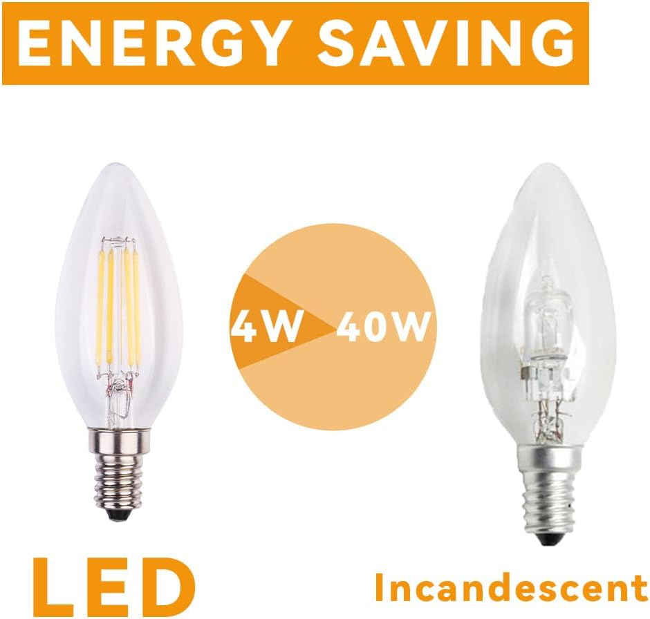 Geminilite E14 LED Light Bulbs Small Edison Screw 4W (Replacement for 40 Watt) Candelabra Light Bulb, 3000K Warm White C35 440LM E14 SES Not Dimmable Filament Chandelier LED 6 Pack image number 4