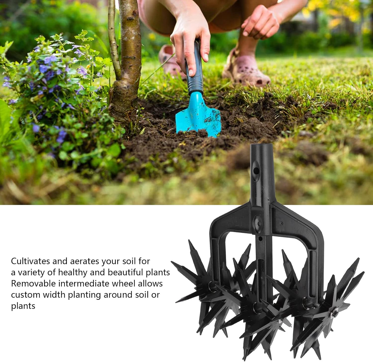 Garden Rotary Cultivator, Garden Soil Scarifier Tool, Garden Rake Tiller Gardening Hand Tool Garden Cultivator for Reseeding Grass Soil Mixing, Loosening Soil, Gathering Leaf image number 3