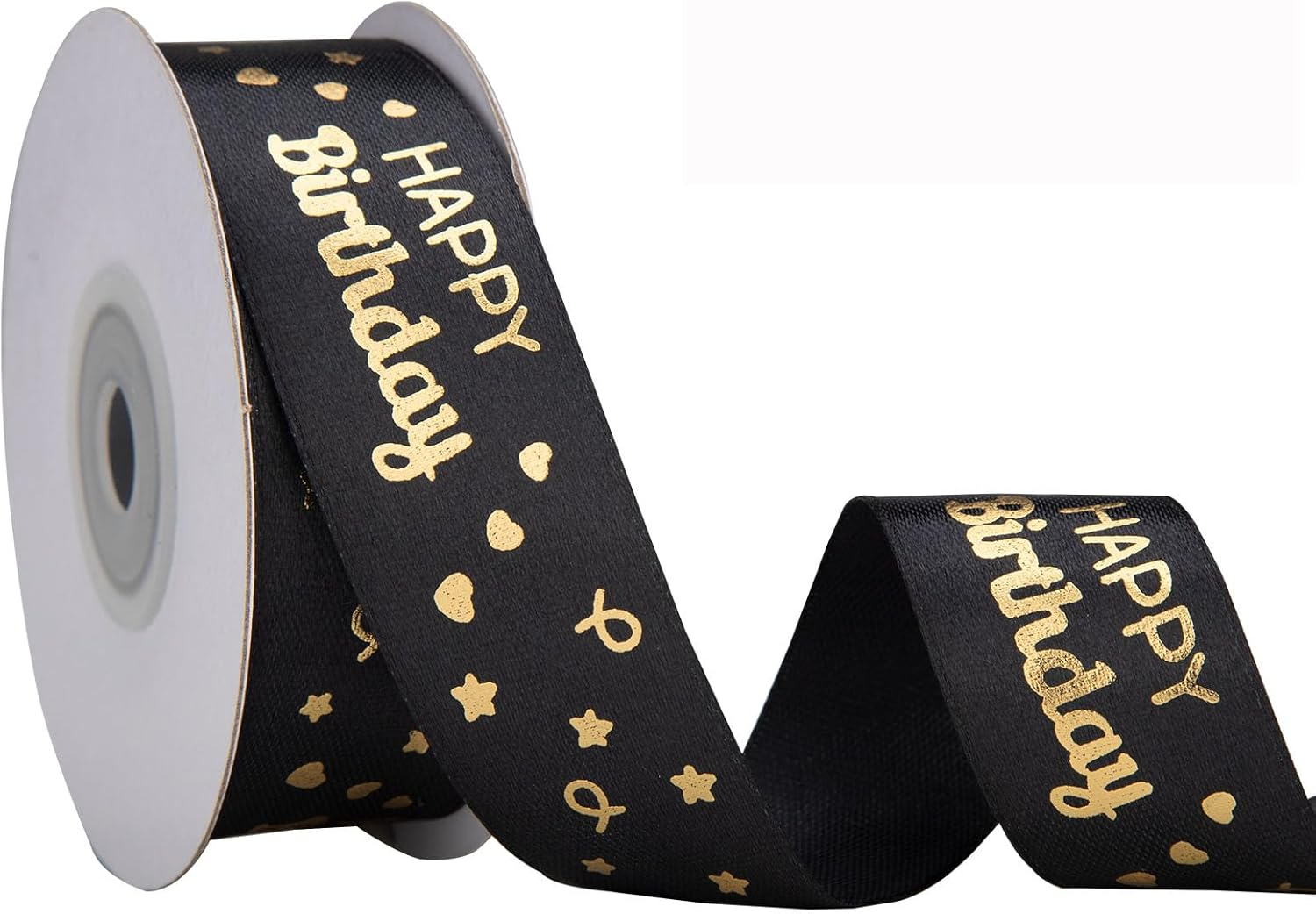 IHKFILAN Satin Ribbon for Gift Wrapping, 1 Inch 25 Yards Happy Birthday Ribbon, Polyester Ribbon with Gold Letters for Invitations Bouquets Birthday Parties Weddings DIY Bows (Black, Happy Birthday)