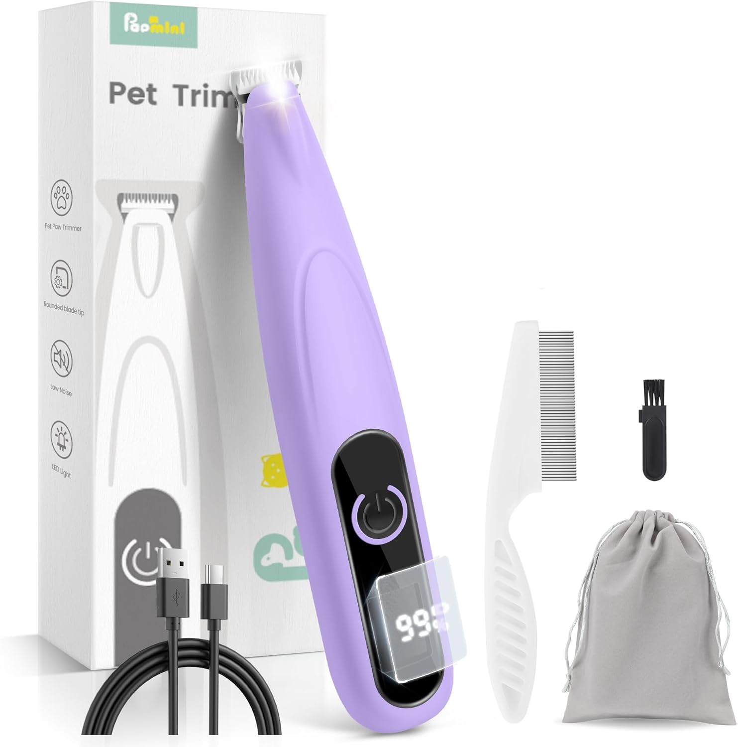 Dog Paw Trimmer with LED Display - Quiet Electric Dog Trimmer Shaver for Paws, Eyes, Ears, Feet and Face, TYPE-C Cordless Pet Hair Clippers Grooming Kit for Small to Large Dogs Cats (White)